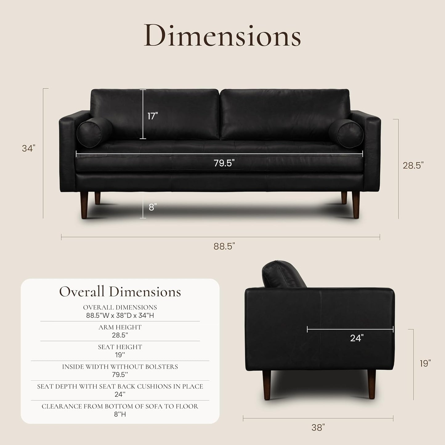 Poly & Bark Napa Leather Couch - 88.5-Inch Office Sofa with 2 Bolsters - Full-Grain Leather Sofa for Living Room with Feather-Down Topper - Living Room Couch - Vintage Italian Leather in Onyx Black