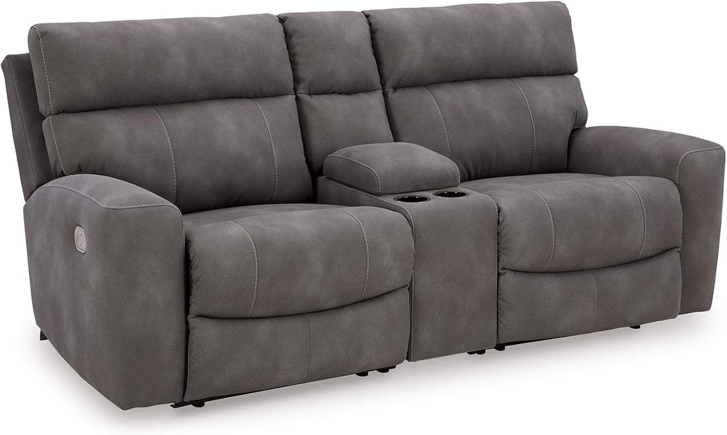 Signature Design by Ashley Next-Gen DuraPella Contemporary Faux Leather Modular Wall Hugger 3-Piece Power Reclining Sectional Loveseat with Console, Adjustable Headrest and USB Ports, Gray