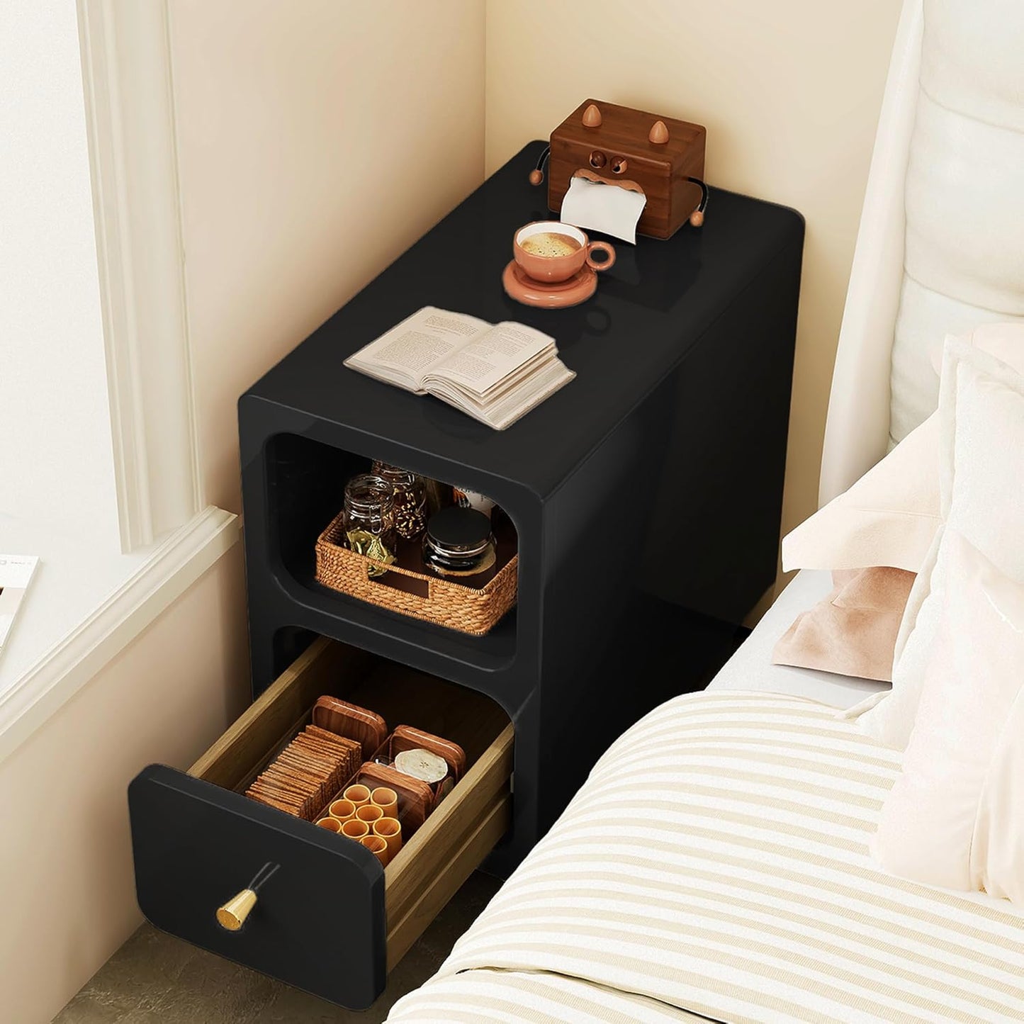 Solid Wood Nightstand, Narrow Night Stand with Drawers, Black Mid Century Modern Nightstand, Small Beside Table with Open Storage Shelf for Bedroom (10 inch)