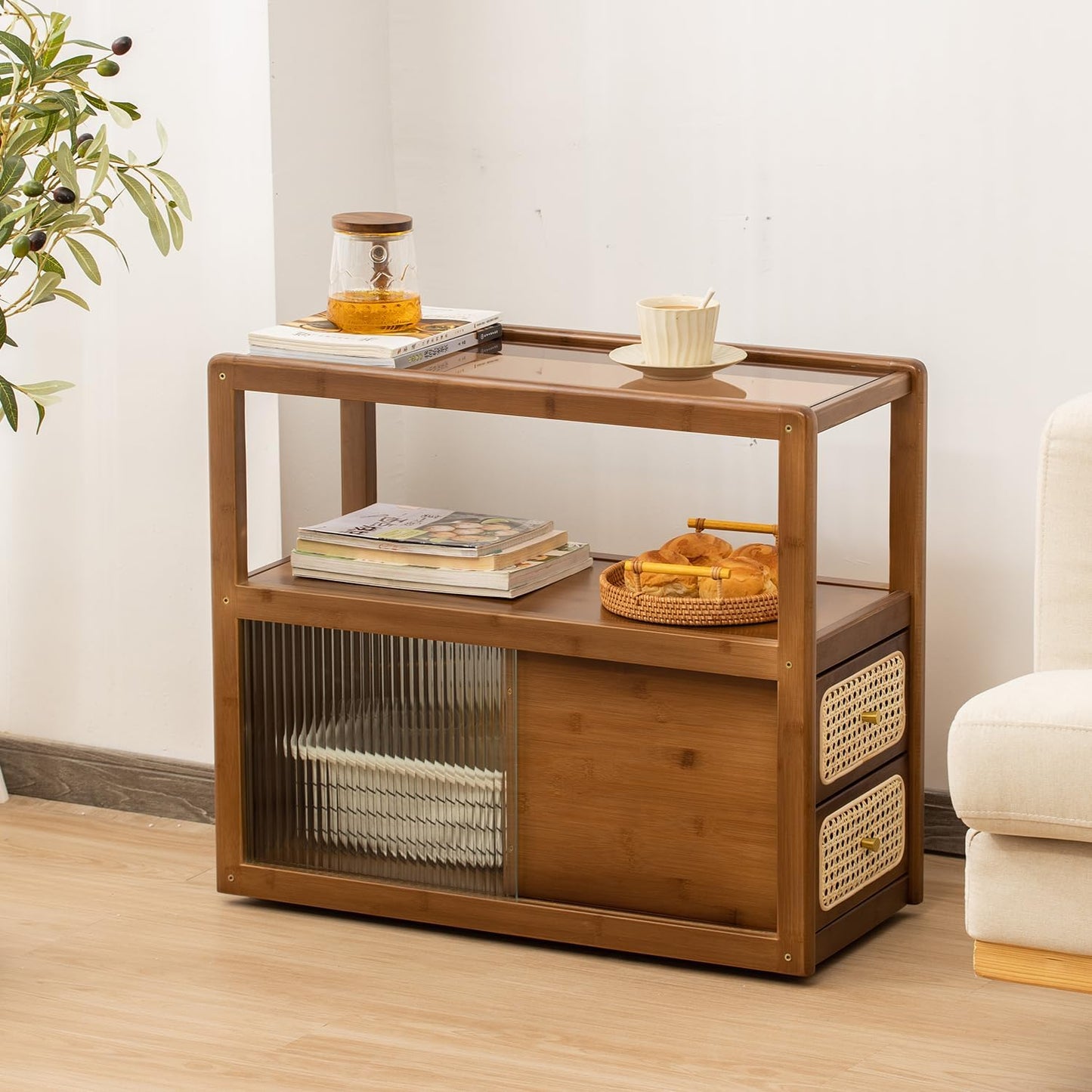 Bamboo Side Table Nightstand with Rattan Drawer & Glass Top – Multi-Function End Table, Nightstands with Storage for Bedroom, Living Room, and Small Spaces, Walnut