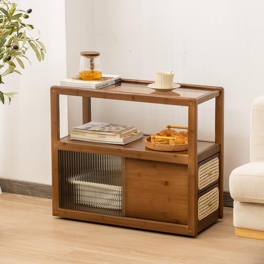 Bamboo Side Table Nightstand with Rattan Drawer & Glass Top – Multi-Function End Table, Nightstands with Storage for Bedroom, Living Room, and Small Spaces, Walnut
