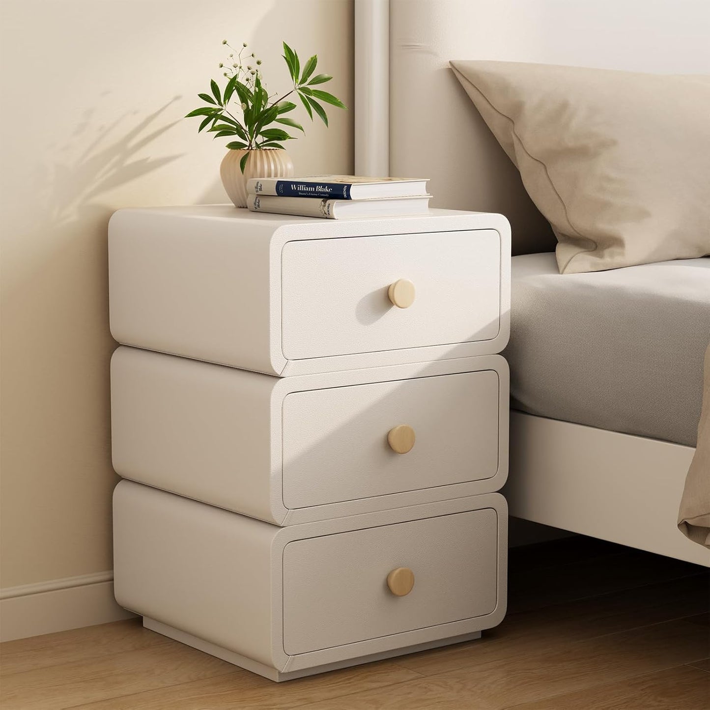 White Night Stand, Narrow Nightstand with Drawers, Modern Nightstand for Bedroom, Dorm and Living Room.