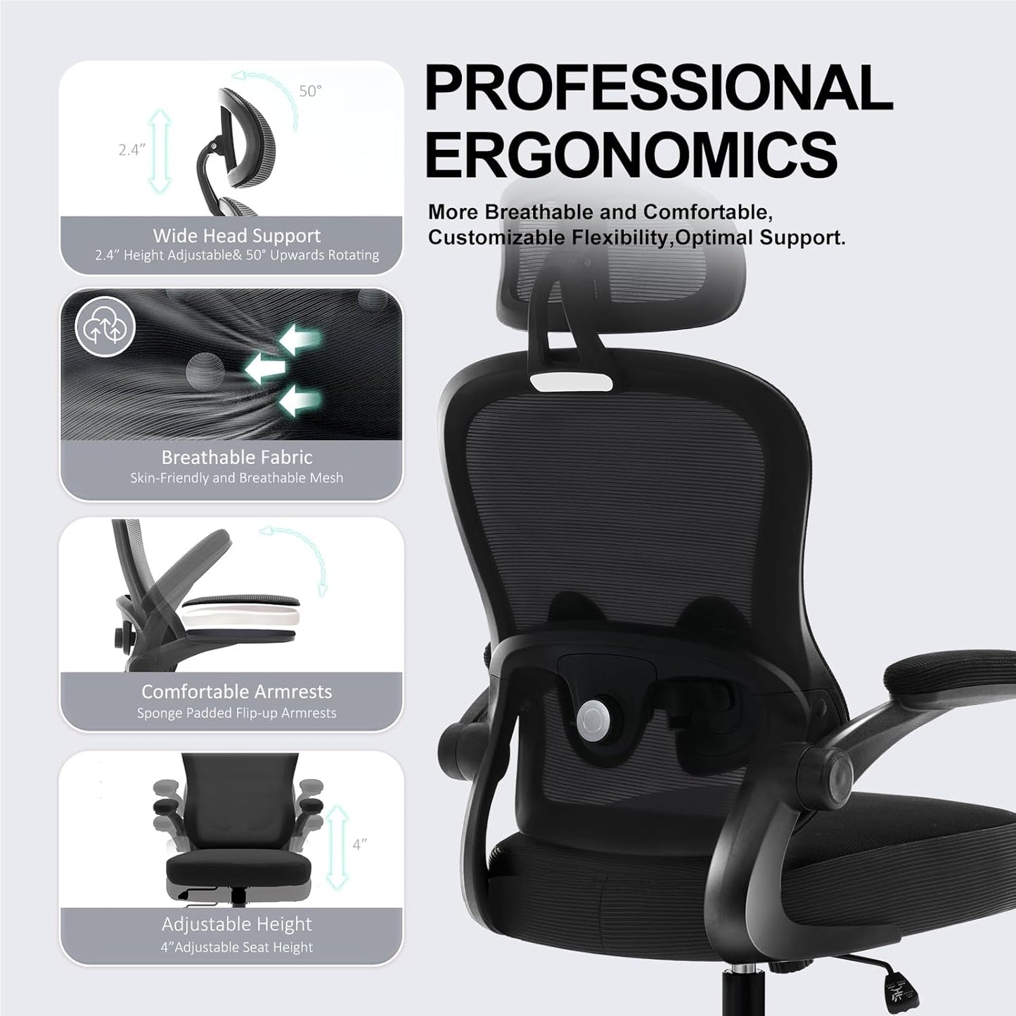 Ergonomic Office Chair,Ultra Thick Office Desk Chair with Adjustable Lumbar Support and Headrest,Spring Cushion,Rocking Function,Flip-up arms,Mesh Computer Chair for Home Office,Black
