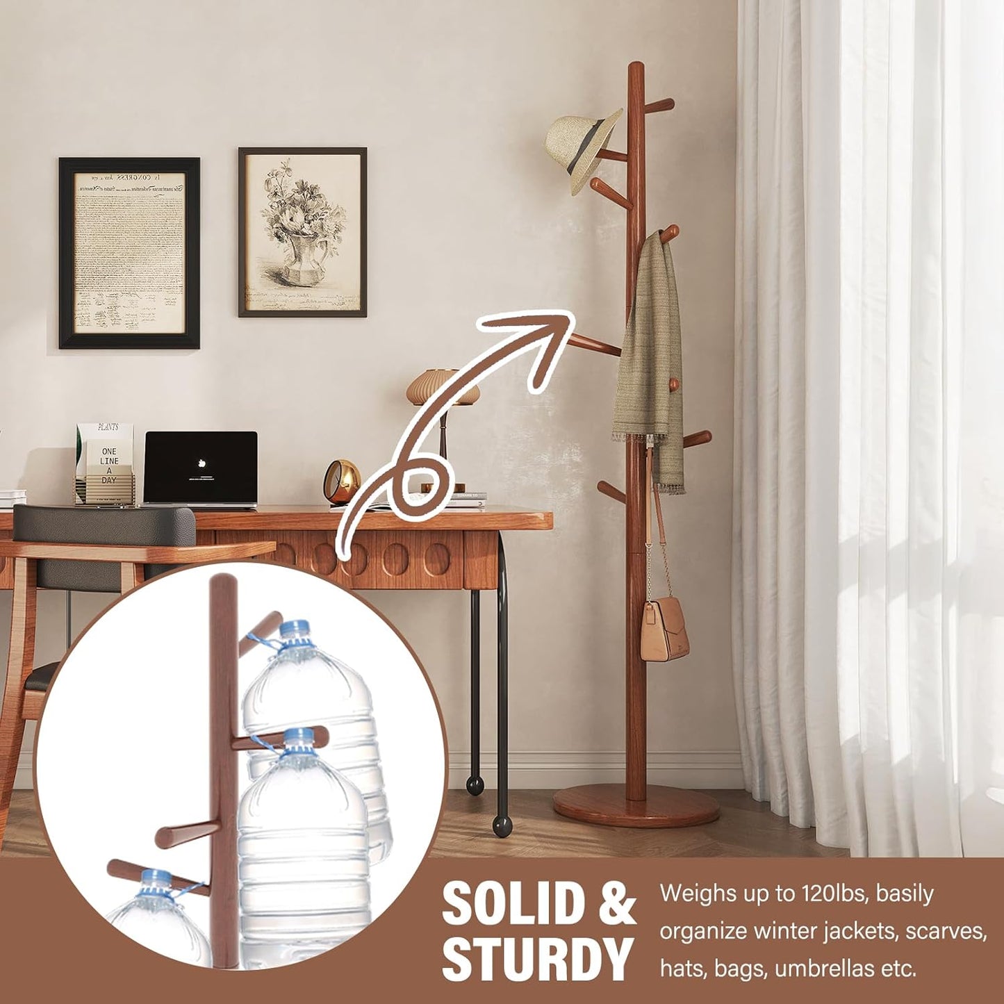 CozyDH Coat Rack Freestanding Solid Wood Coat Rack Stand, Coat Tree Freestanding with 8 Hooks Creative Tree Branch-look for Entryway, Hallway, Bedroom (Teak)