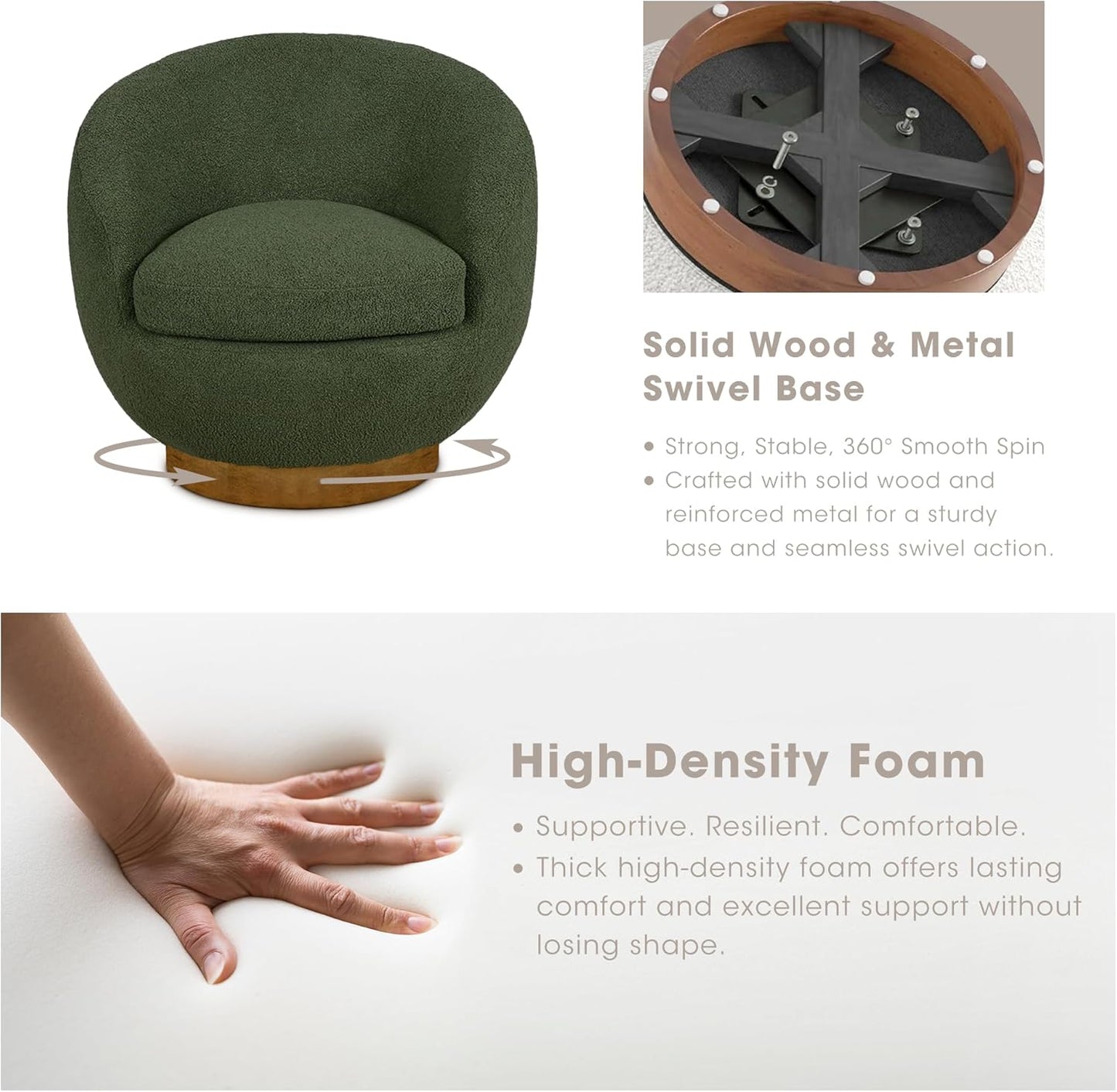 INK+IVY Jessel Swivel Accent Chair – Barrel Back Design, Sherpa Upholstery, 360-Degree Wood Base, Modern Lounge Seating for Living Room or Bedroom, 32" W, Green