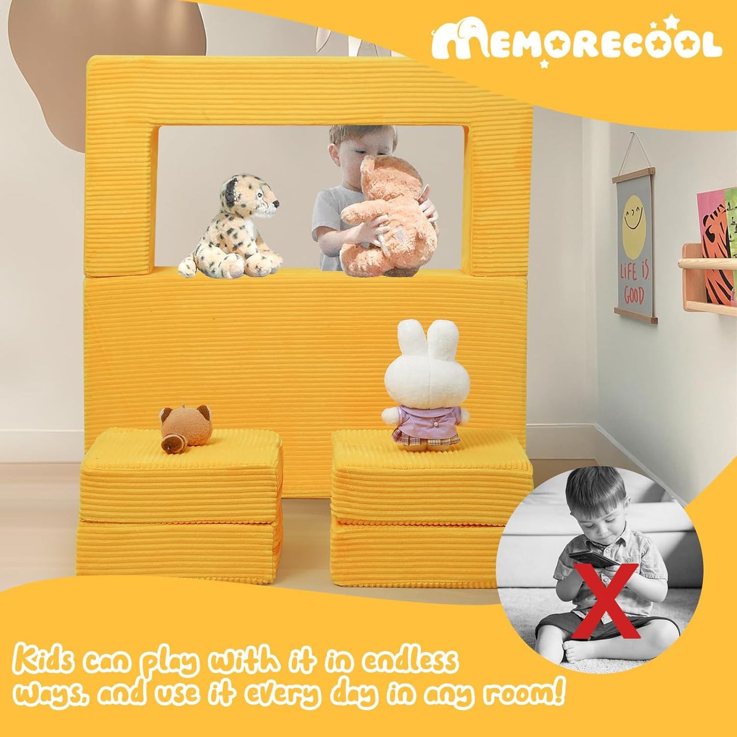 MeMoreCool Modular Kids Couch, Corduroy Play Toddler Couch for Bedroom Playroom Furniture, Convertible Foam Kids Sofa Bed, Fold Out Baby Sofa for Girl Boy, Yellow