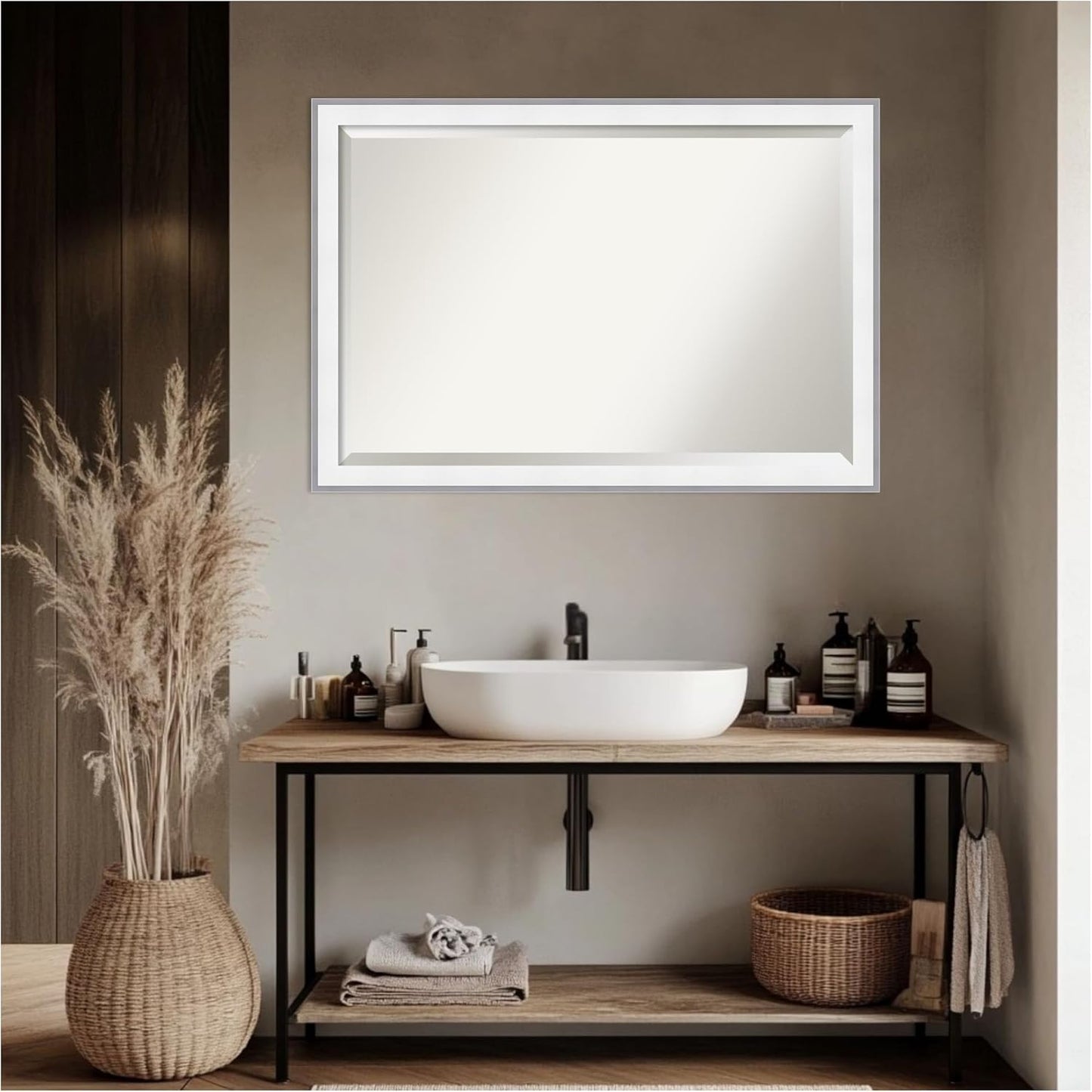 Amanti Art Bathroom Mirror for Over Sink, 27x39 Maya White Silver Rectangle Vanity Mirror, Large Modern Contemporary Frame, Hangs Horizonally and Vertically, Bathroom Wall Decor, Beveled Edge