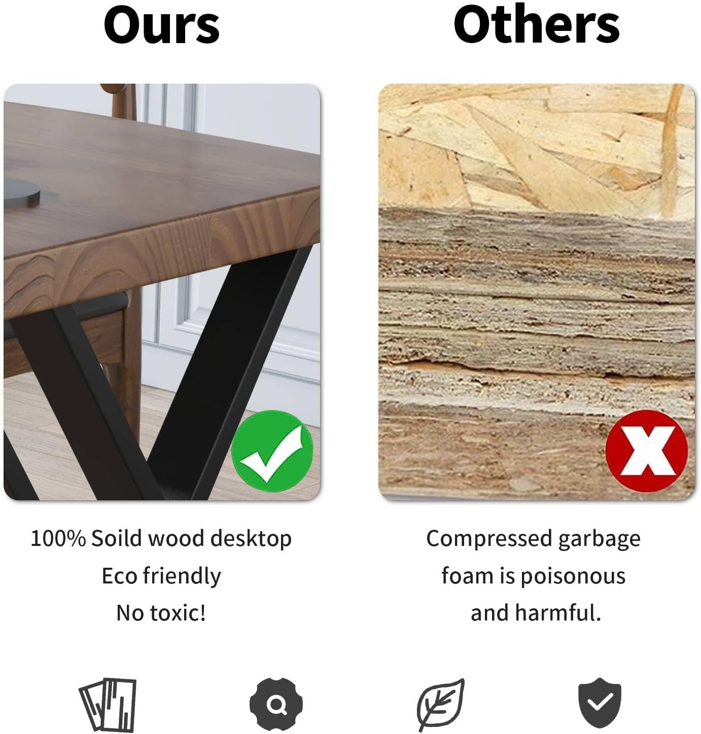 Solid Wood Computer Desk Study Office Desk 55" Writing Desk, Modern Simple Style PC Table, Black Metal Frame, Solid Wood Planks 55" D x 27" W x 29" H for Home Office Bedroom,Rustic Brown