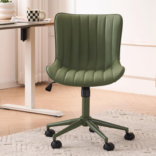 YOUNIKE Green Home Office Desk Chair with Wheels Armless Compact Comfy Vanity Chair with Adjustable Back Modern Small Leather Upholstered Rolling Swivel Cute Computer Task Sewing Chair No Arms
