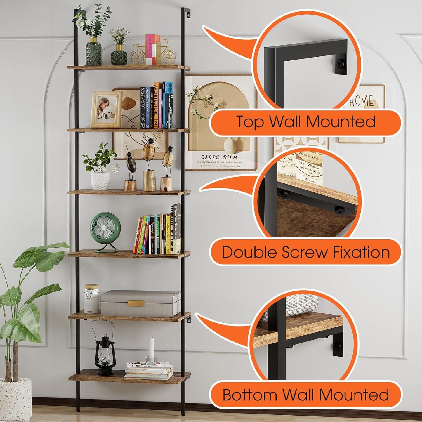 Bookcase Rustic Brown 6 Tiers Modern Bookshelf Room Organizer Open Tall Wall Mount Bookcase Standing Leaning Wall Shelves Industrial Decorative Living Room Bed Room (Rustic Brown)