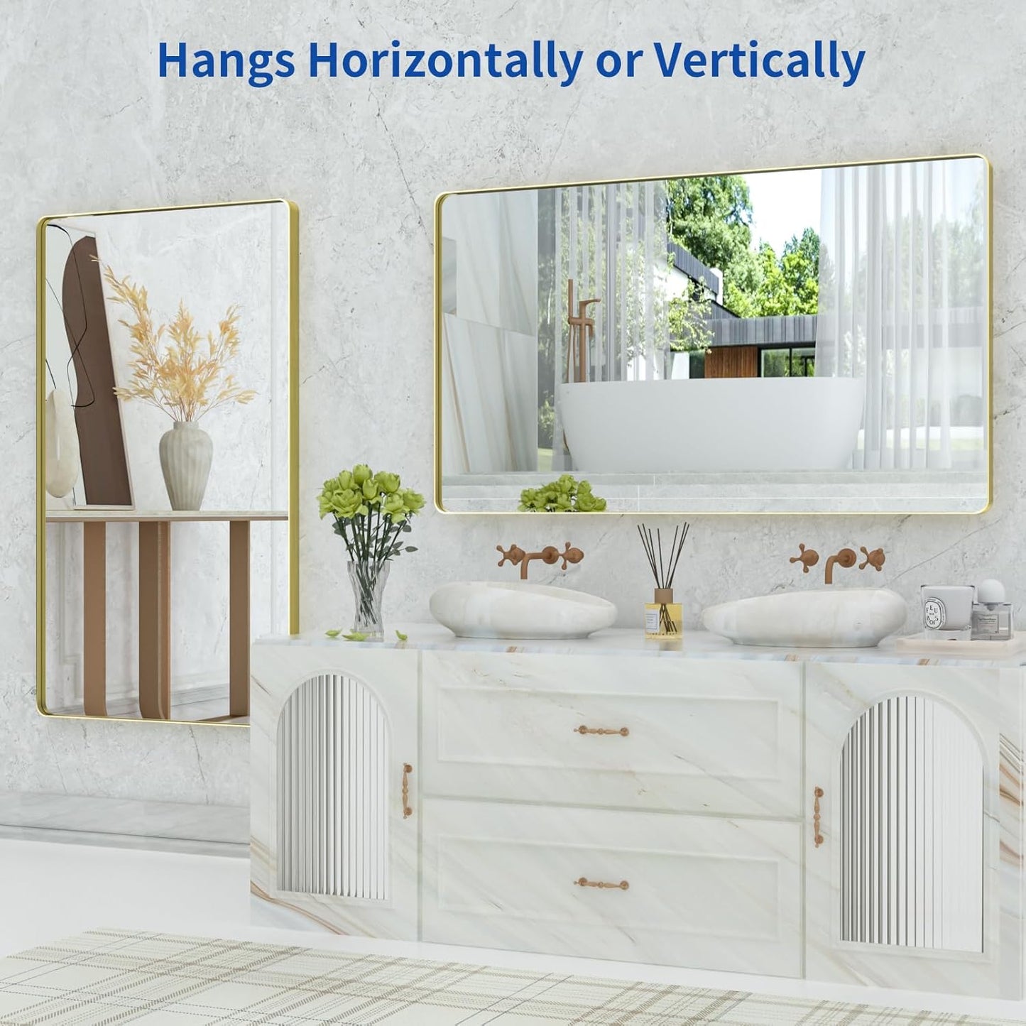 WEER Gold Bathroom Mirror, 55X30 Inch Brushed Gold Metal Frame Mirror, Rounded Rectangle Gold Bathroom Vanity Mirror for Wall, Tempered Glass, Anti-Rust, Hangs Horizontally or Vertically