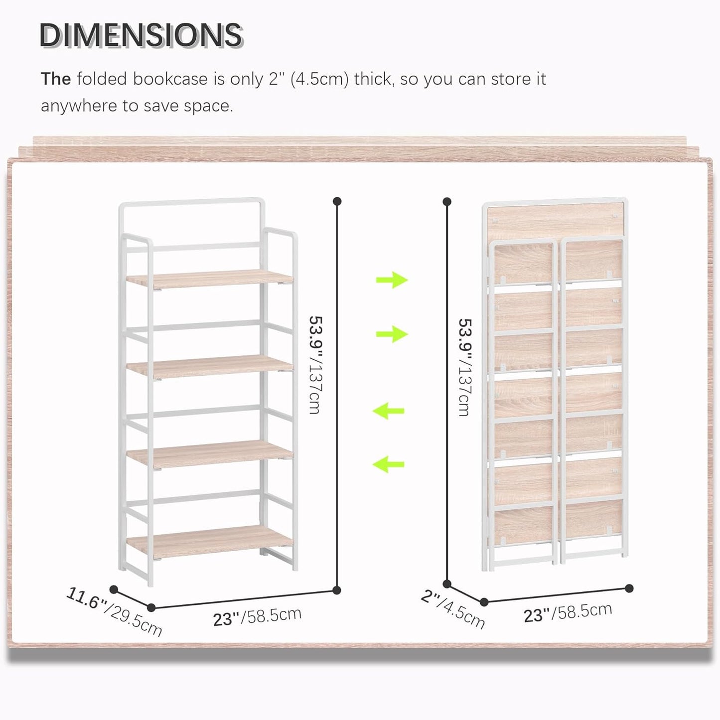4NM No Assembly Folding Bookshelf, 4-Shelf 54" H Collapsible Foldable Bookcase Storage for Small Spaces, Natural White