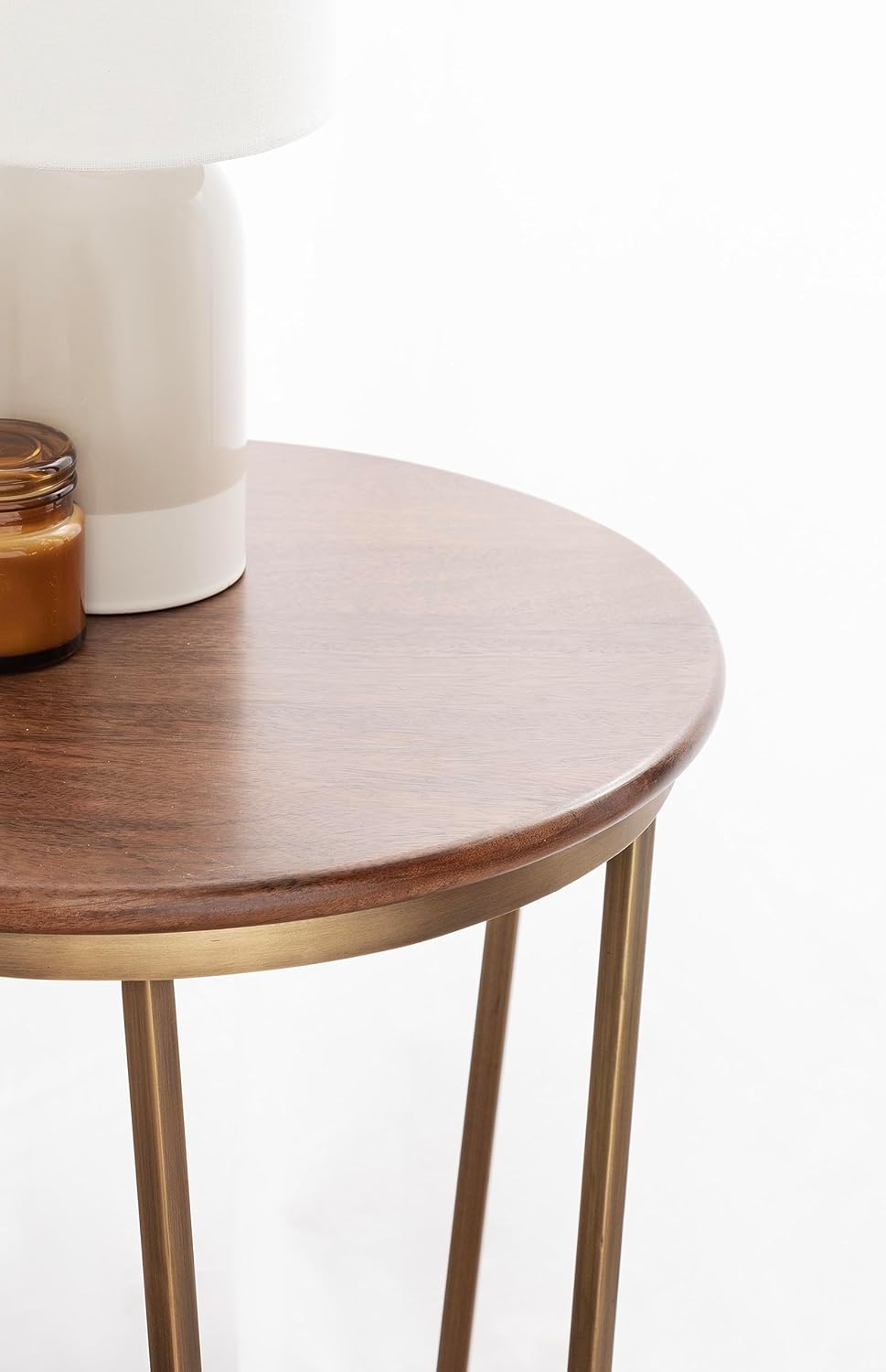 Kate and Laurel Solvay Round Metal and Wood Side Table; 16 x 16 x 24; Walnut and Antique Brass; Mid-Century Modern Bedroom Nightstand Table with Solid Mango Wood Tabletop and Iron Base