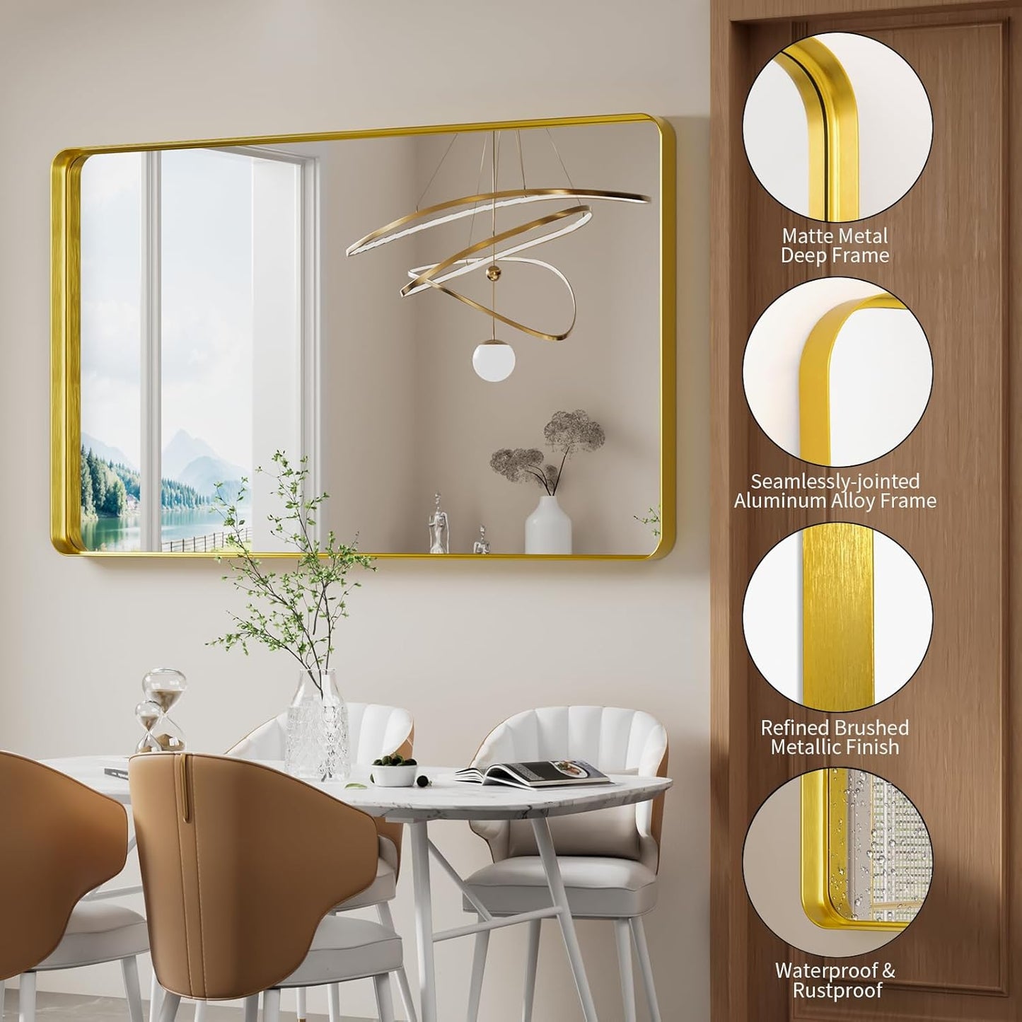 Koonmi Gold Wall Mirror for Bathroom, 36x60 Inch Matte Deep Framed Rounded Rectangle Vanity Mirror for Farmhouse Living Room, Tempered Glass, Anti-Rust, Vertically or Horizontally