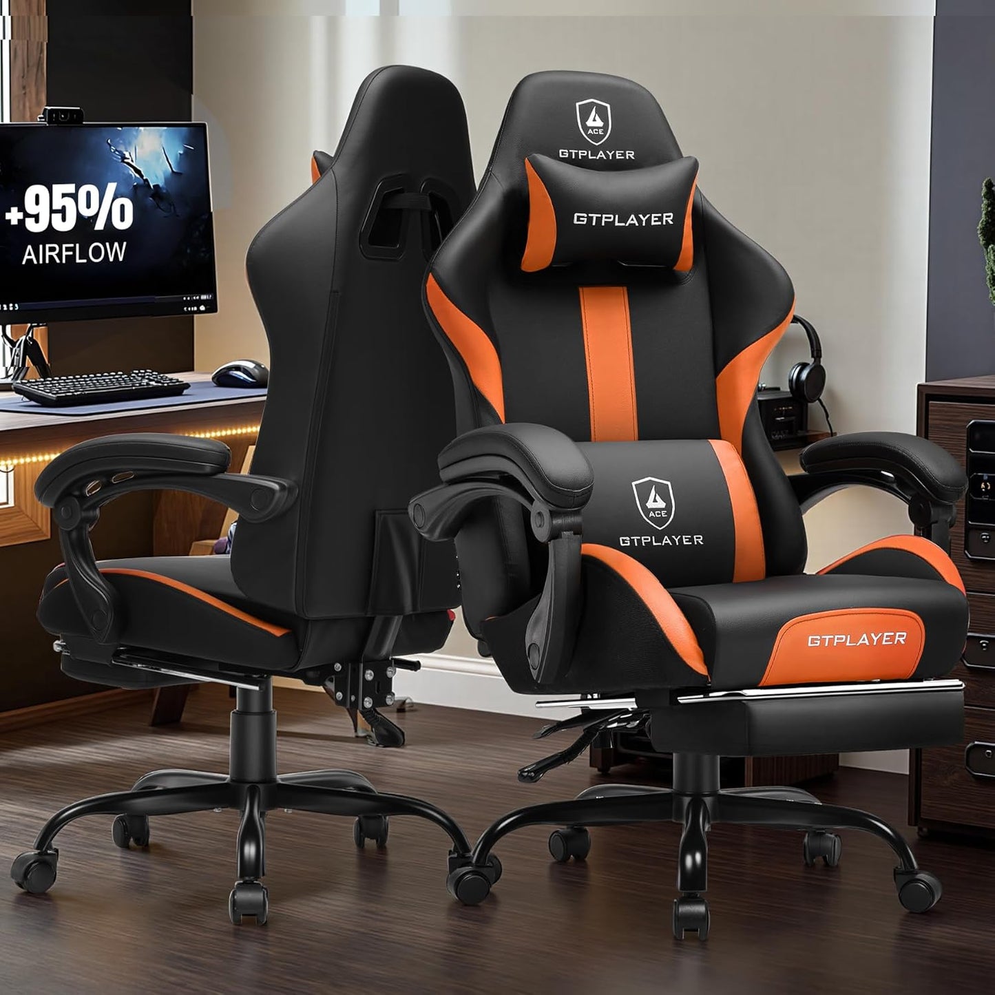 GTRACING Gaming Chair with Foot Rest & Pocket Spring Cushion, Ergonomic High Back Computer Chair with Headrest & 360°-Swivel Seat for Home Office Desk, PU Leather, Orange
