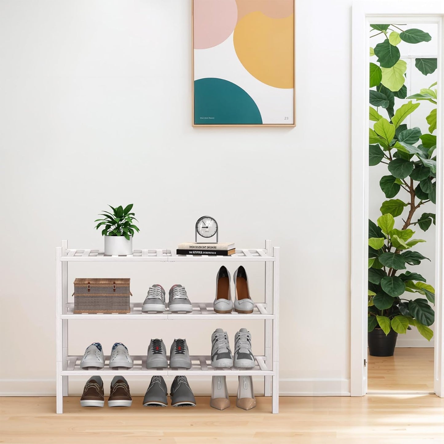 Haddockway Large 3 Tier Bamboo Shoe Rack Storage Organizer, Multifunctional Free Standing Stackable Shoe Shelf with Grid Panel for Closet,Hallway,Entryway,Small Space 27"x12"x21"(White, 3-Tier(Large))