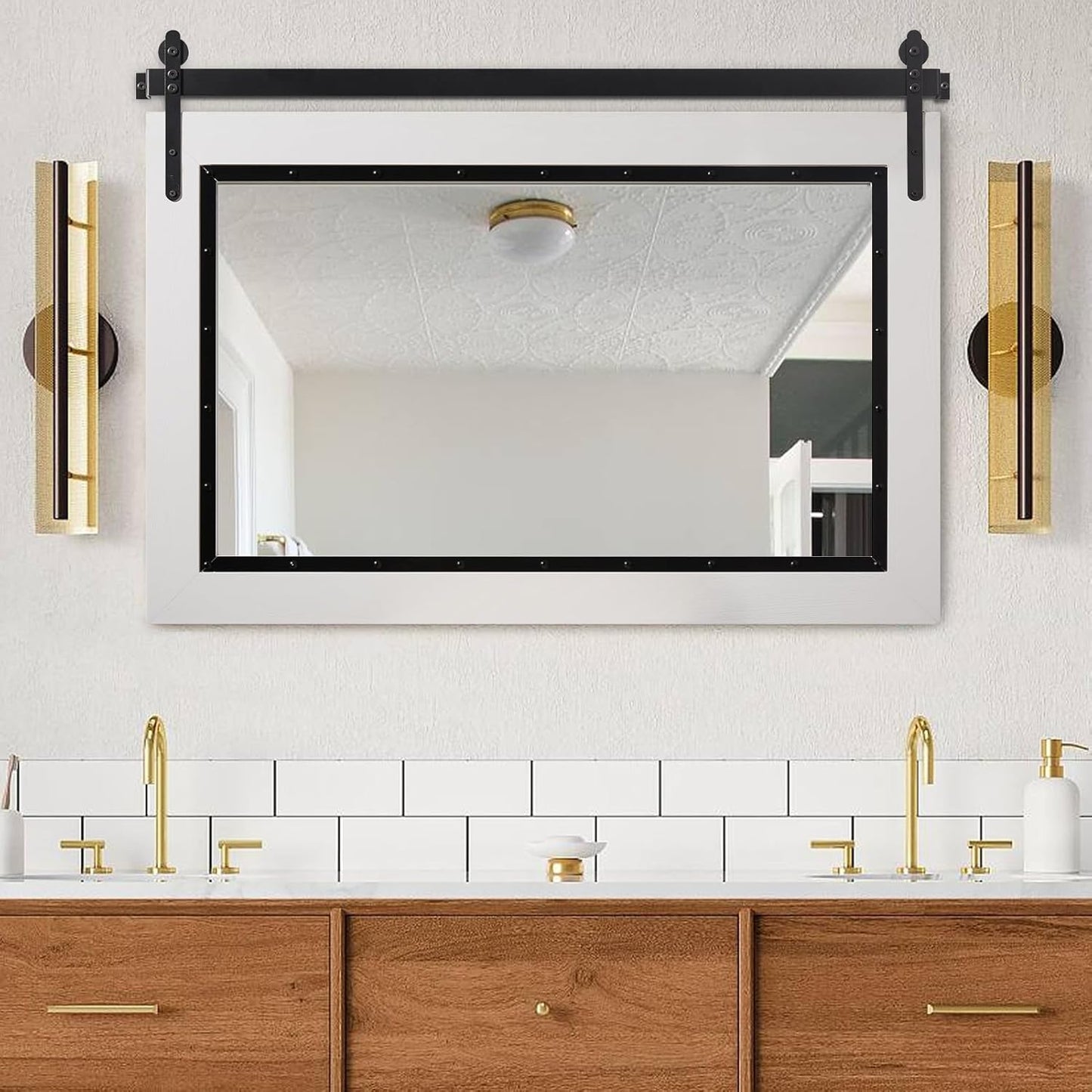 YOSHOOT Farmhouse Barn Door Mirror, 40"x26" Rustic Bathroom Mirror, Wood Frame Wall Mirror, Wooden Mirror for Living Room Bedroom Entryway Wall Décor, Horizontal Hanging ONLY