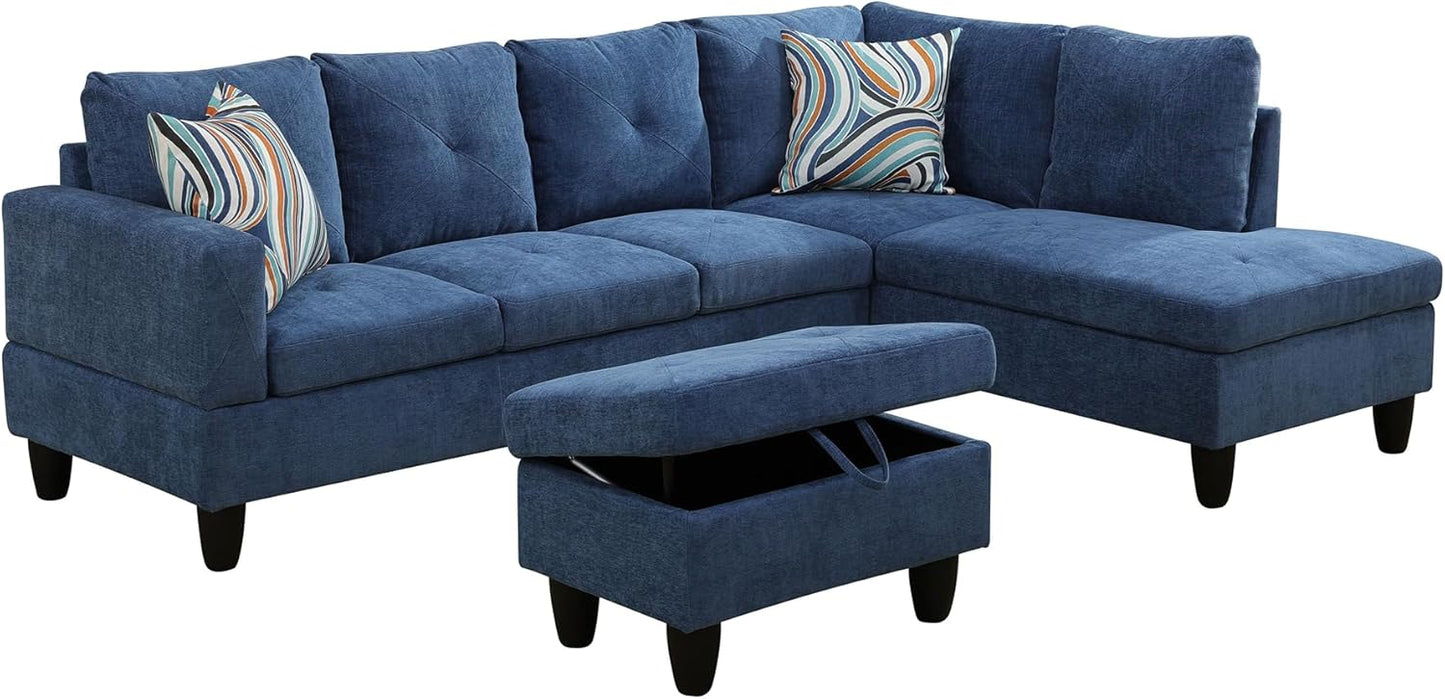 Couches for Living Room Modern L Shaped Couch Comfy Linen Fabric 3 Pieces Sectional Sofa with Chaise, Ottoman with Storage for Office and Small Apartment, Blue
