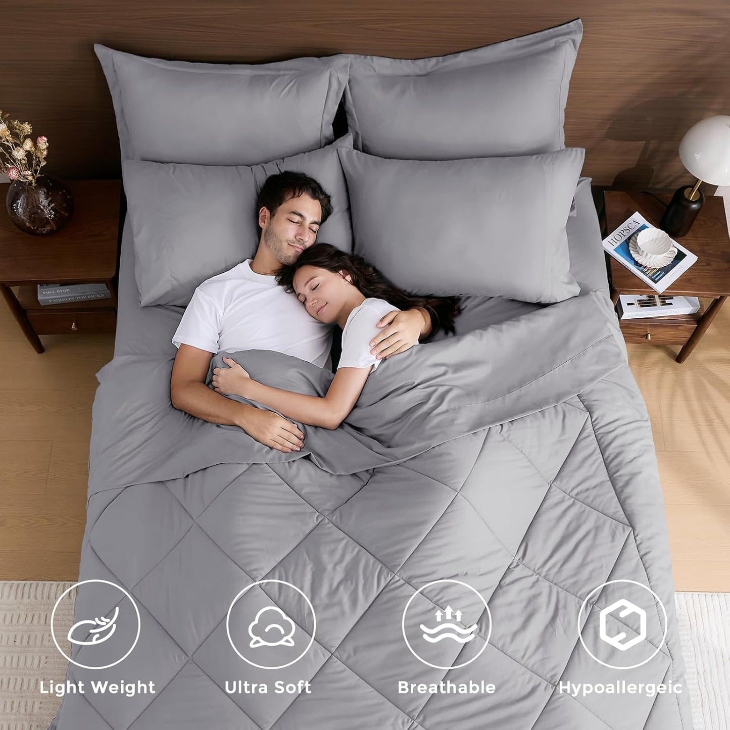 HEVUMYI Light Grey Twin Comforter Set - 5-Piece All Season Bed in a Bag Twin, Ultra Soft Bedding Set with Comforter, Flat Sheet, Fitted Sheet, Pillowcases, Pillow Shams, Light Gray