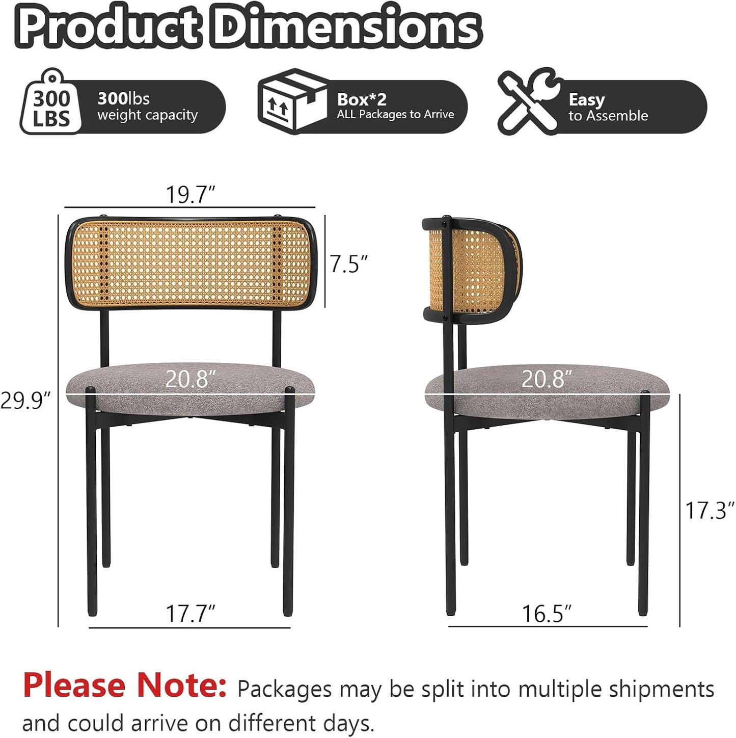 Mid Century Modern Dining Chairs Set of 2 with Rattan Backrest,Velvet Upholstered Accent Kitchen & Dining Room Chairs with Sturdy Metal Frame,Gray