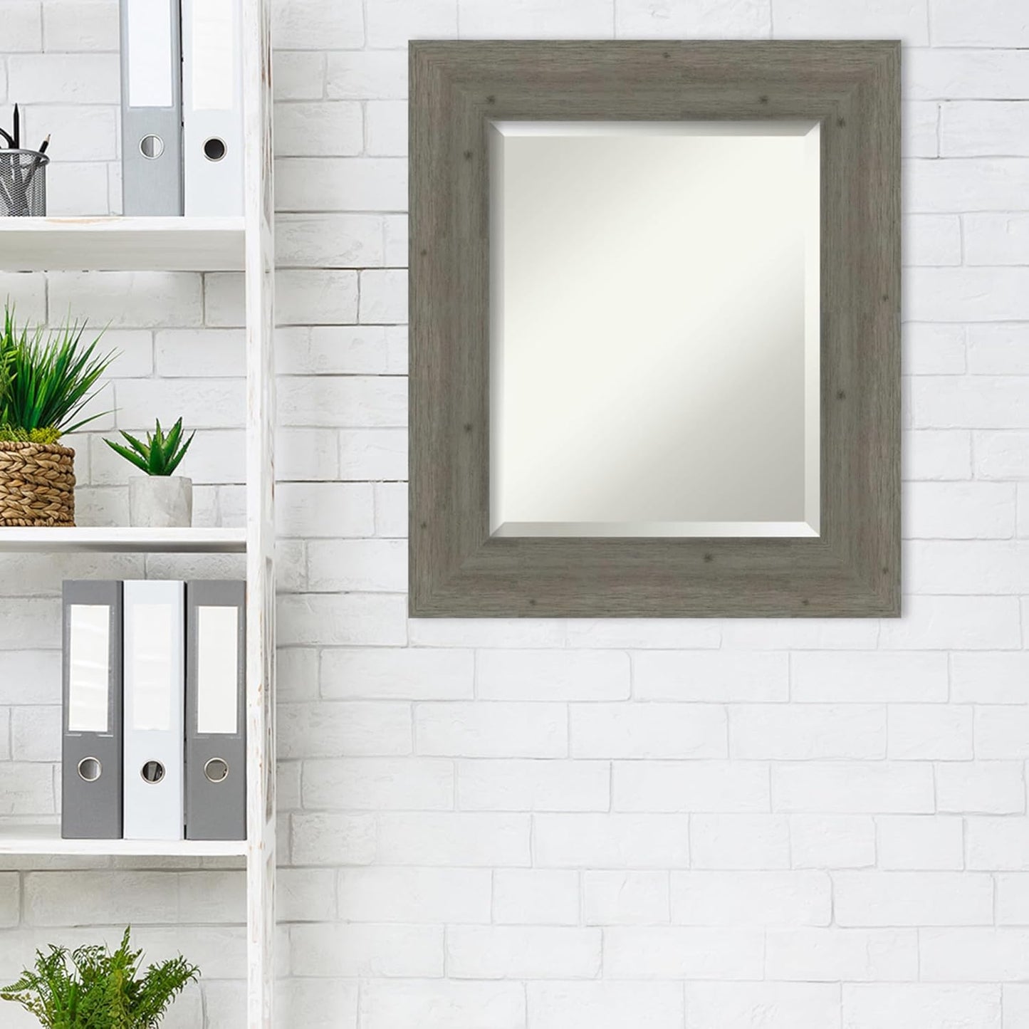 Amanti Art Grey Wall Mirror 27x23 Fencepost Grey Rectangle Bathroom Mirror for Wall Decor Living Room, Small Country Rustic Wood Frame, Hangs Horizonally and Vertically, Bathroom Decor, Beveled Edge