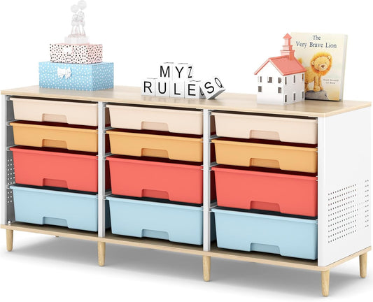 12-Drawer Storage Cabinet with Wooden Tabletop, Versatile Cube Storage Organizer Bin Storage for Home, Office, Playroom, Classroom & Craft Room Storage (Rainbow)