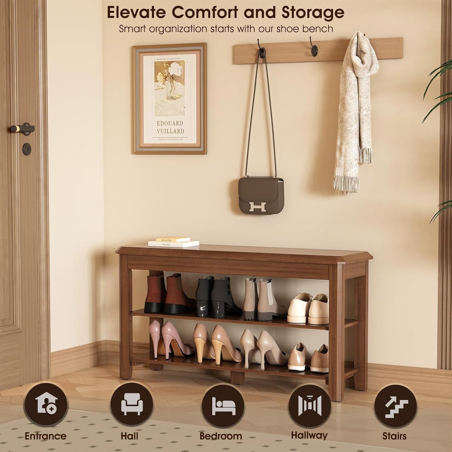 Shoe Rack for Front Door Entrance, Solid Wood Shoe Bench for Closet, Holds Up to 550lbs, Shoe Rack Bench for Entryway, Mudroom, Hallway