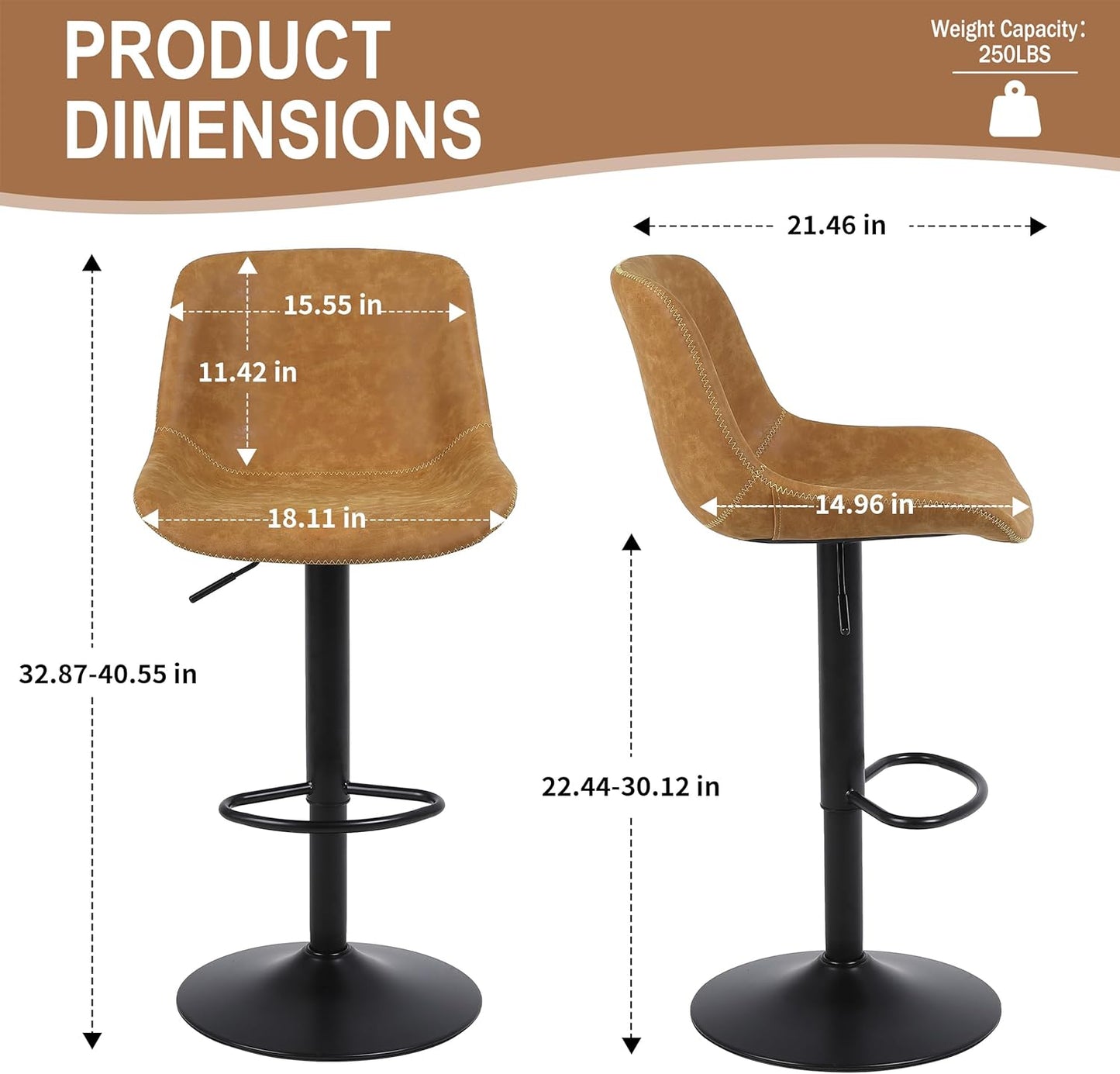 Bar Stools, Swivel Counter Height Barstools with Back, Adjustable Modern Bar Chairs, Tall Armless PU Leather Kitchen Island Stool (Yellow, Set of 2)