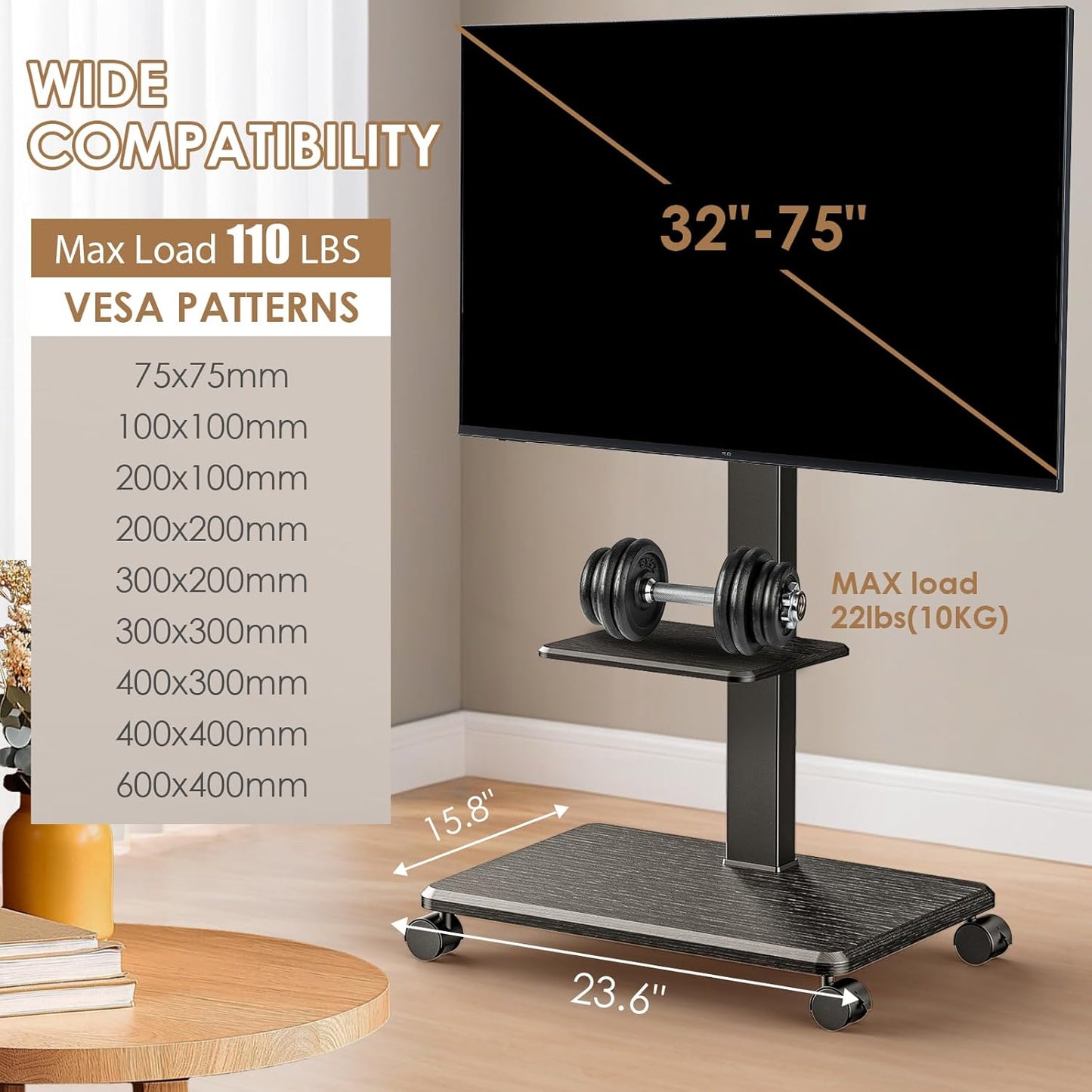 Mobile TV Stand with Wheels, Swivel Rolling TV Stand for 32-75 Inch TVs with Shelf, Landscape to Portrait, Height Adjustable Portable TV Cart with Tilt, VESA 600x400mm, 110lbs Capacity