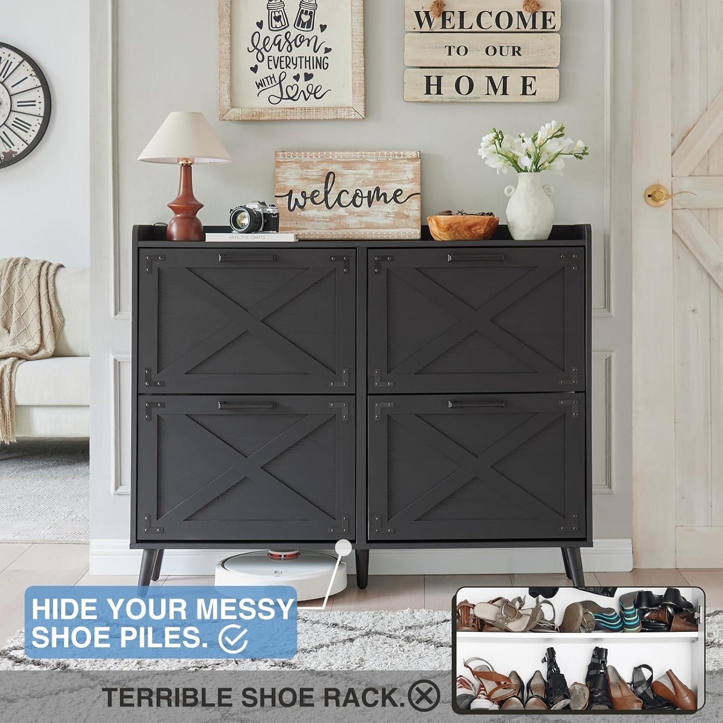 Shoe Storage Cabinet,Farmhouse Shoe Organizer with 4 Flip Drawers & Barn Door Design,Freestanding Hidden Slim Narrow Shoe Rack Cabinet for Entryway,Foyer,Hallway,Black