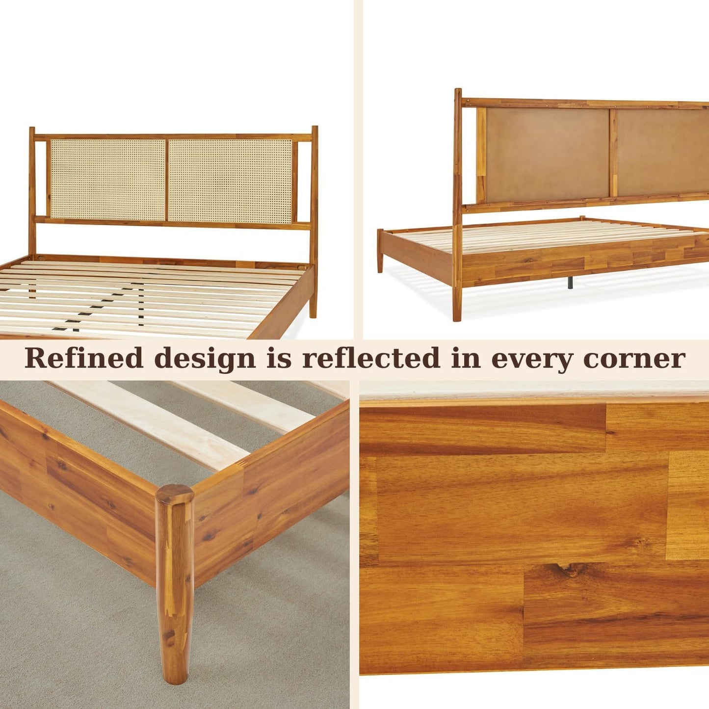 Bme Oliver King Bed Frame and Headboard - 15-Inch Signature Design with Rattan Headboard, Bohemian and Mid Century Style, 12-Slat Wood Support, No Box Spring Needed - Easy Assembly, Caramel