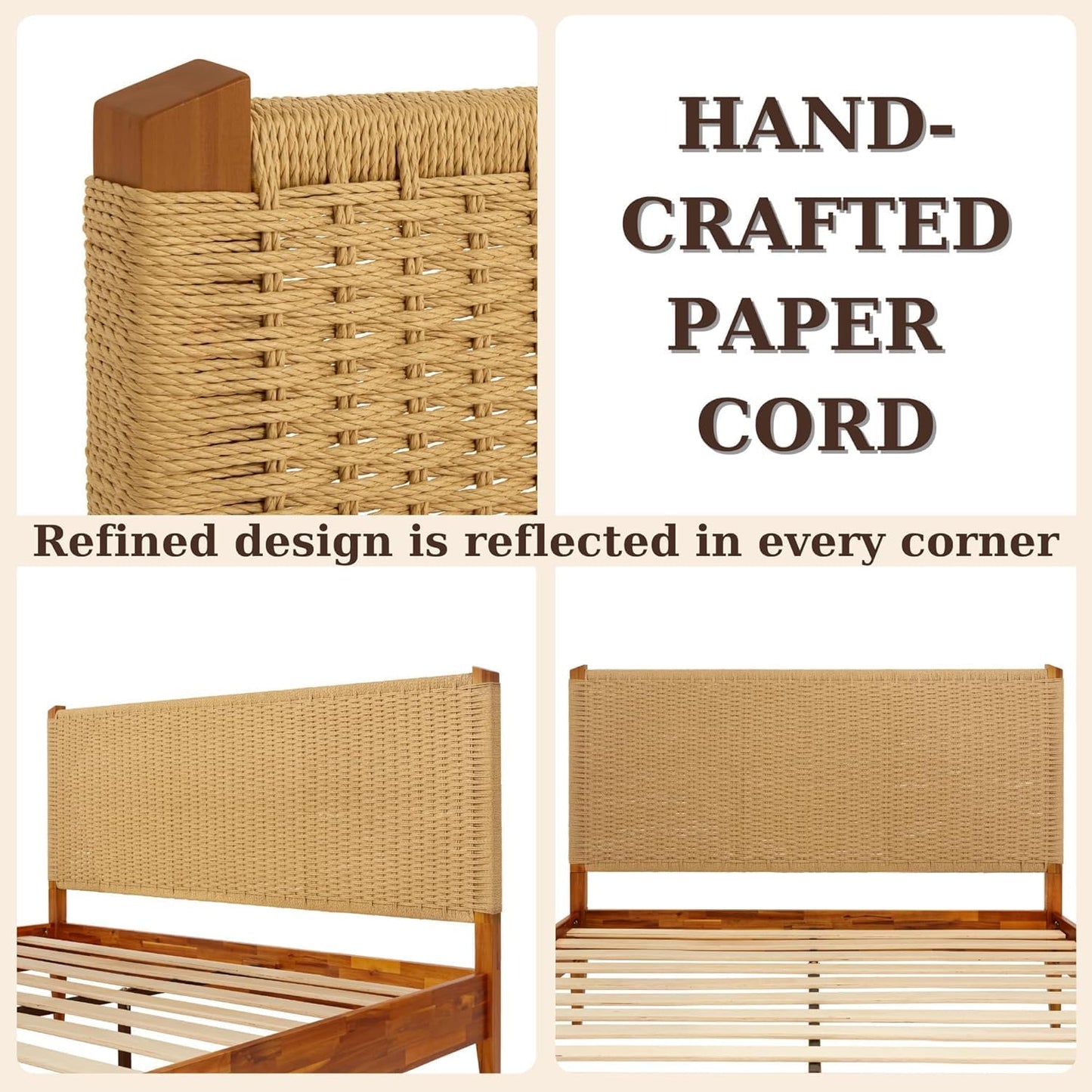 Bme Selina King Bed Frame and Headboard - Handcrafted Paper Cord Headboard, 12-Slat Support, No Box Spring Needed - Easy Assembly, Caramel