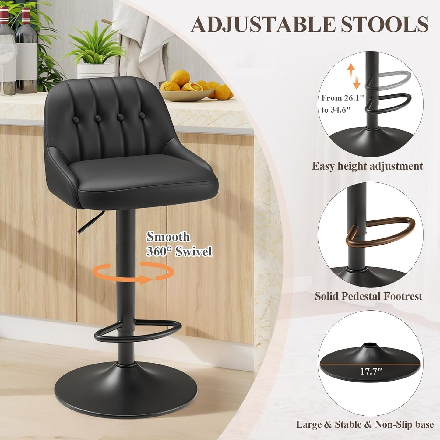 Bar Stools Set of 4, Swivel Bar Chairs, Modern Adjustable PU Leather Upholstered Barstools Counter Height with Tufted Back for Bar, Kitchen Counter Island, Dining Room, Black