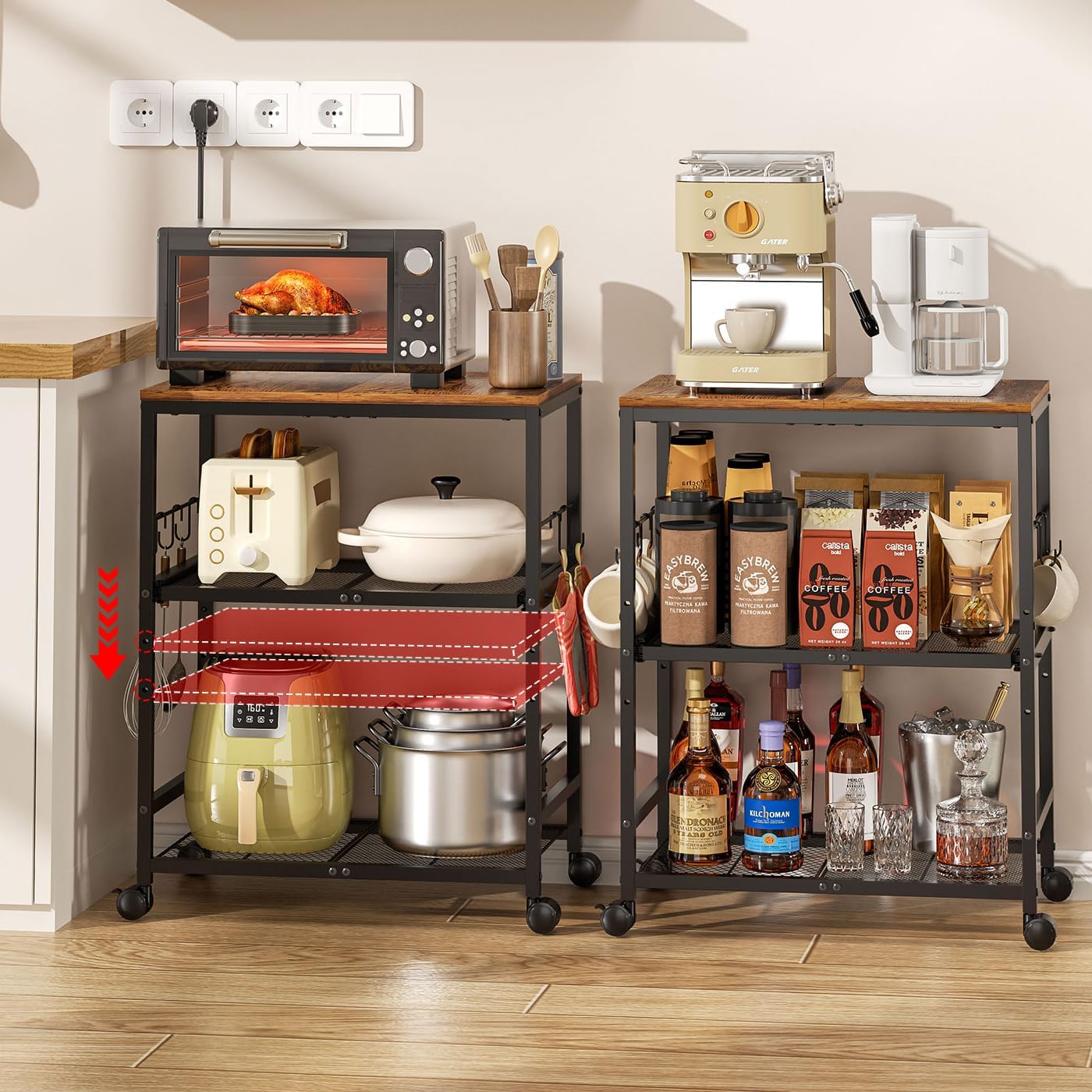 Microwave Cart with Adjustable Drawer Slider Shelves, 3 Tier Rolling Kitchen Microwave Stand with Storage, Small Kitchen Utility Cart on Lockable Wheels, Coffee Cart with Hooks