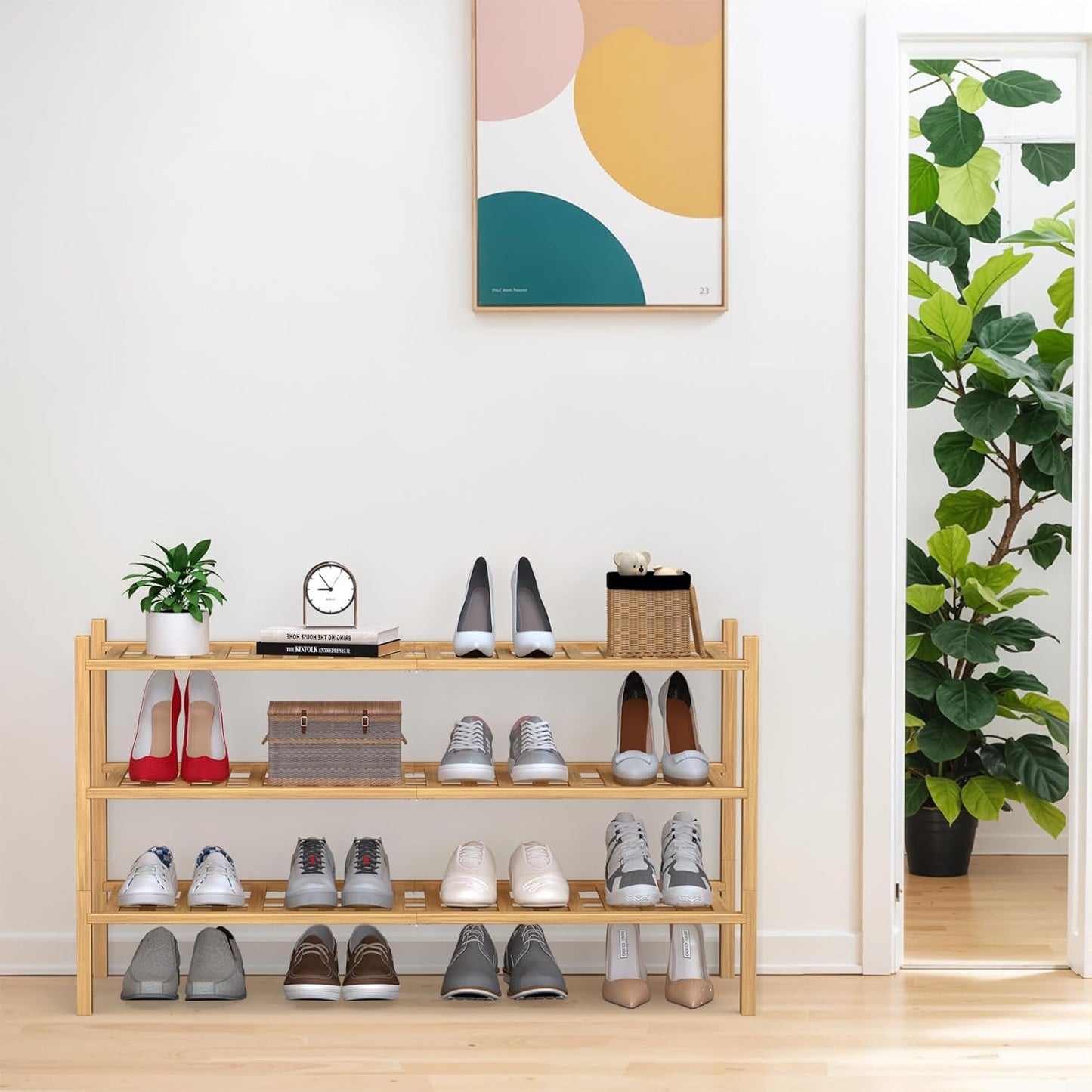 Haddockway Long 3 Tier Bamboo Shoe Rack Storage Organizer,Multifunctional Free Standing Stackable Shoe Shelf with Grid Panel for Closet,Hallway,Entryway,Small Space 34.2"x11"x20"(Natural, 3-Tier Long)