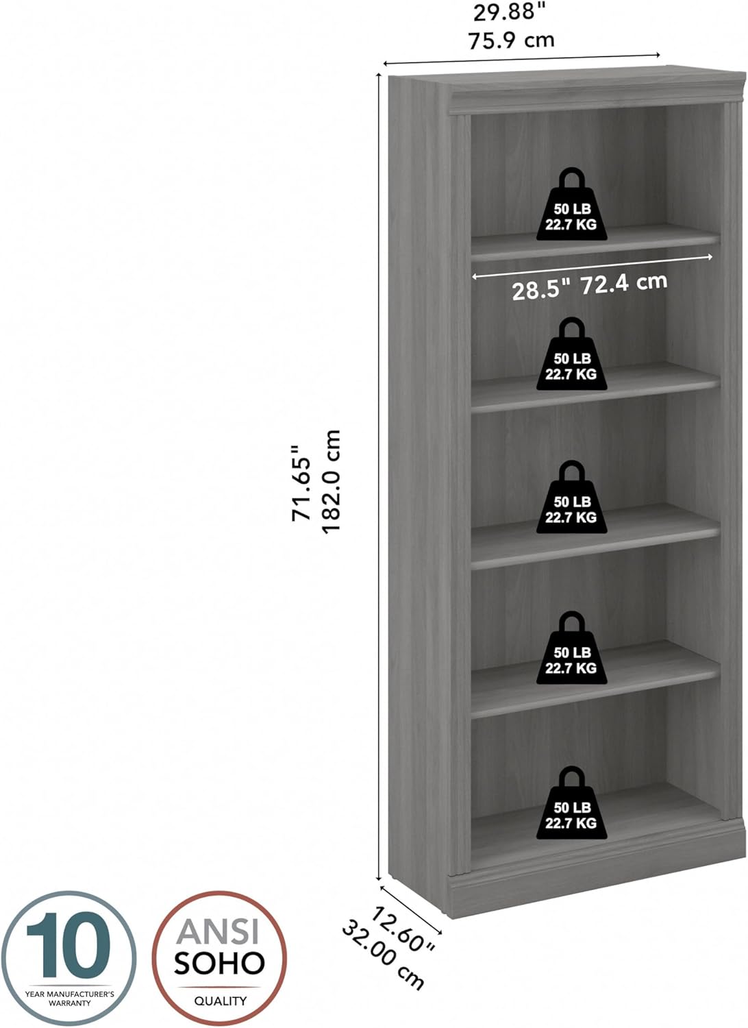 Bush Furniture Saratoga Tall 5 Shelf Bookcase in Modern Gray, Home Office Organizer, Vertical Storage Solution for Books and Office Supplies, Tall Bookshelf