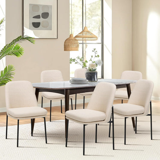 COLAMY Dining Chairs Set of 6, Fabric Upholstered Dining Room Chairs Dinner Chair Stylish Kitchen Chairs with Curved Back and Metal Legs, Beige