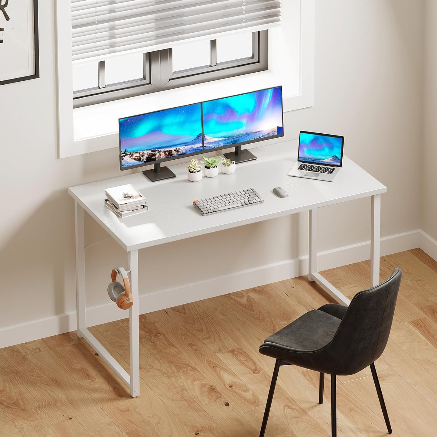 ODK 48 Inches Computer Desk for Small Spaces, Study Table for Home Office, Writing Desk with Headphone Hooks, White