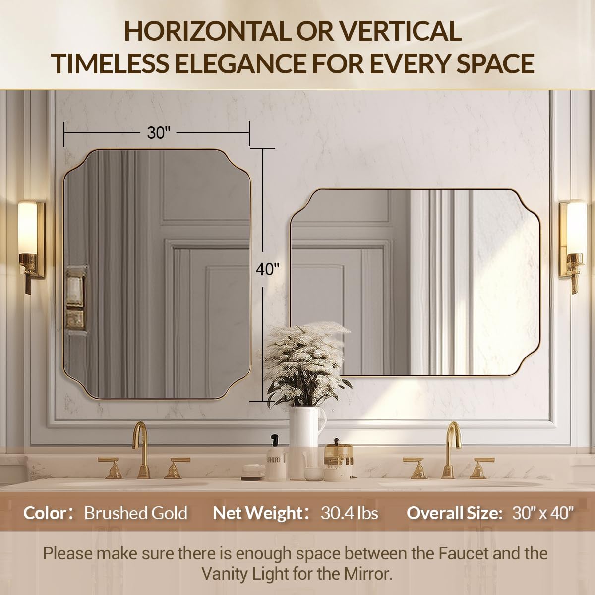 30"x40" Gold Scalloped Mirror, Large Gold Irregular Bathroom Vanity Mirror, Anti-Rust Asymmetrical Mirrors for Wall, Wall Mounted Vertical or Horizontal, Weigh 30.5Lb