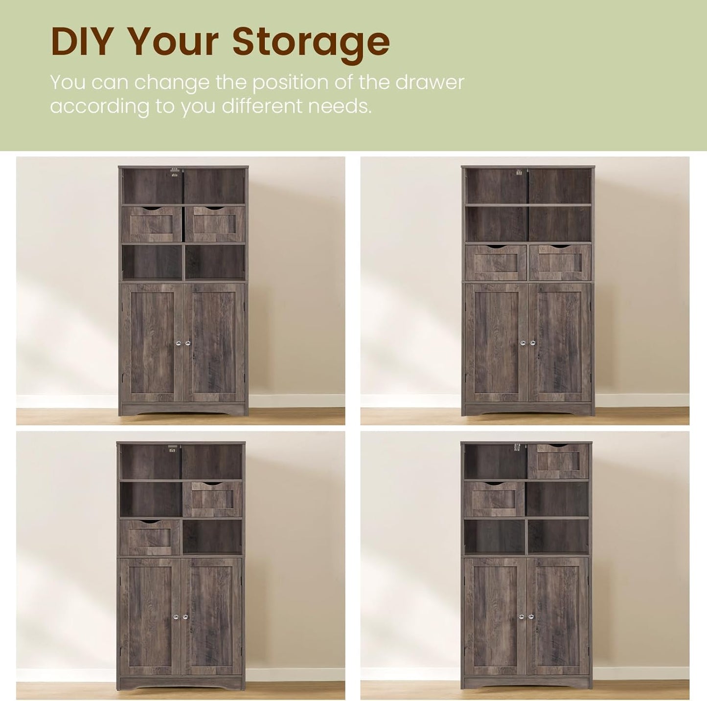 Iwell Tall Storage Cabinet with 2 Drawers & Adjustable Shelf, Bathroom Cabinet with Doors, Kitchen Pantry Storage Cabinets, Cupboard for Living Room, Dining Room, Entryway, Rustic Gray