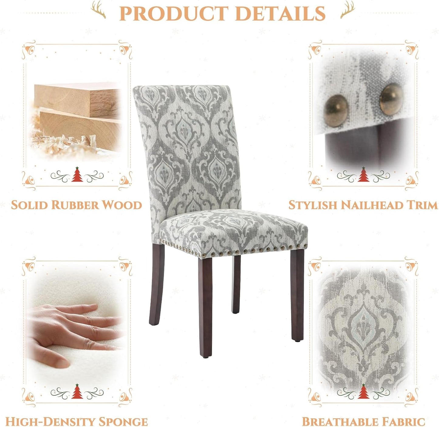 Parsons Dining Chairs Set of 2, Upholstered Nailhead Dining Room Kitchen Side Chair with Thick Cushions and Wood Legs, White/Grey