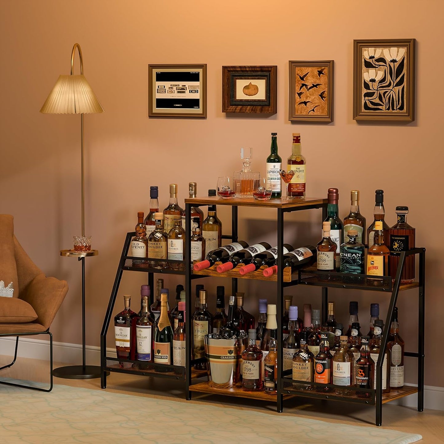 Liquor Cabinet with Fences, Wine Rack Freestanding Floor, 4 Tier Trapezoidal Bar Stand, Expanded Capacity Bar Cabinet for Liquor & Wine Storage