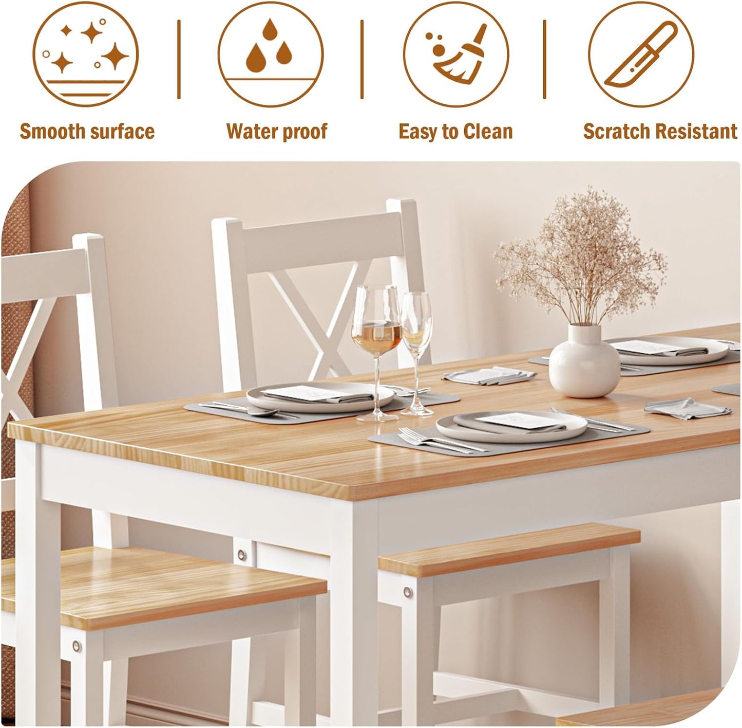 soges Dining Table Set for 4, 42.5 inch Pine Wood Dining Room Table with 4 Chairs, 5-Piece Kitchen Table Chairs Set for Small Space, Apartment, Dinette, Breakfast, White & Oak