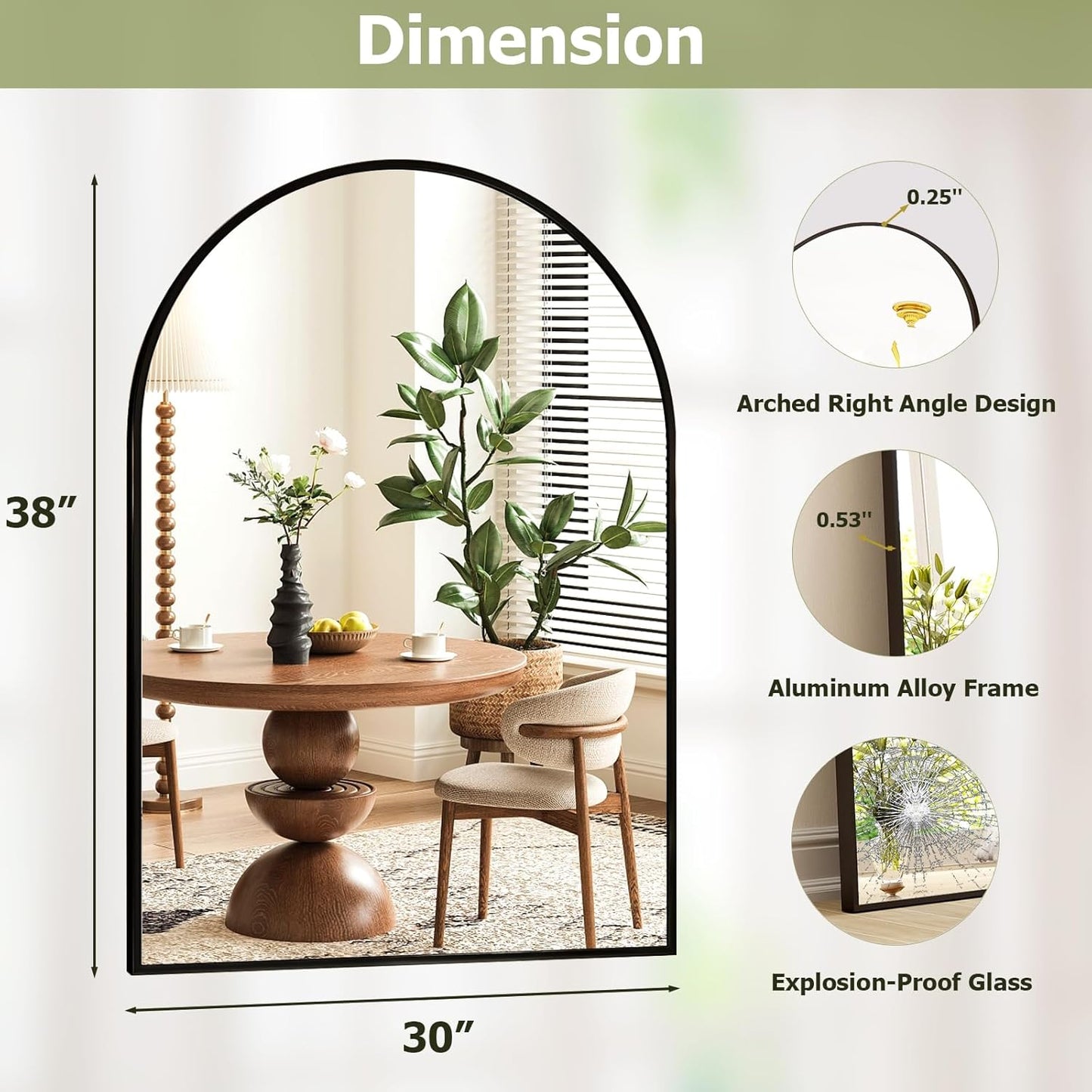 30x38 Inch Arched Bathroom Mirror - Black Metal Frame Wall Mounted Vanity Mirror for Bathroom, Bedroom, Living Room, Hanging or Leaning Decorative Mirror