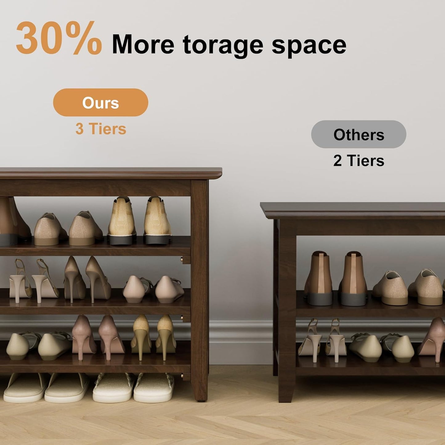 Wooden Storage Shoe Bench, Entryway Bench with 3-Tiers Height Adjustable, Shoe Rack Front Doors Entrances for Hallway Living Room,Mudrooms (Brown,39.4")