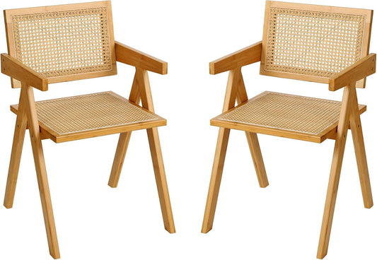 Rattan Dining Chairs Set of 2, Modern Mid Century Accent Chairs, Comfy Armchairs, Outdoor Rattan Chairs with Armrest for Bedroom Living Room Reading Room Dining Kitchen