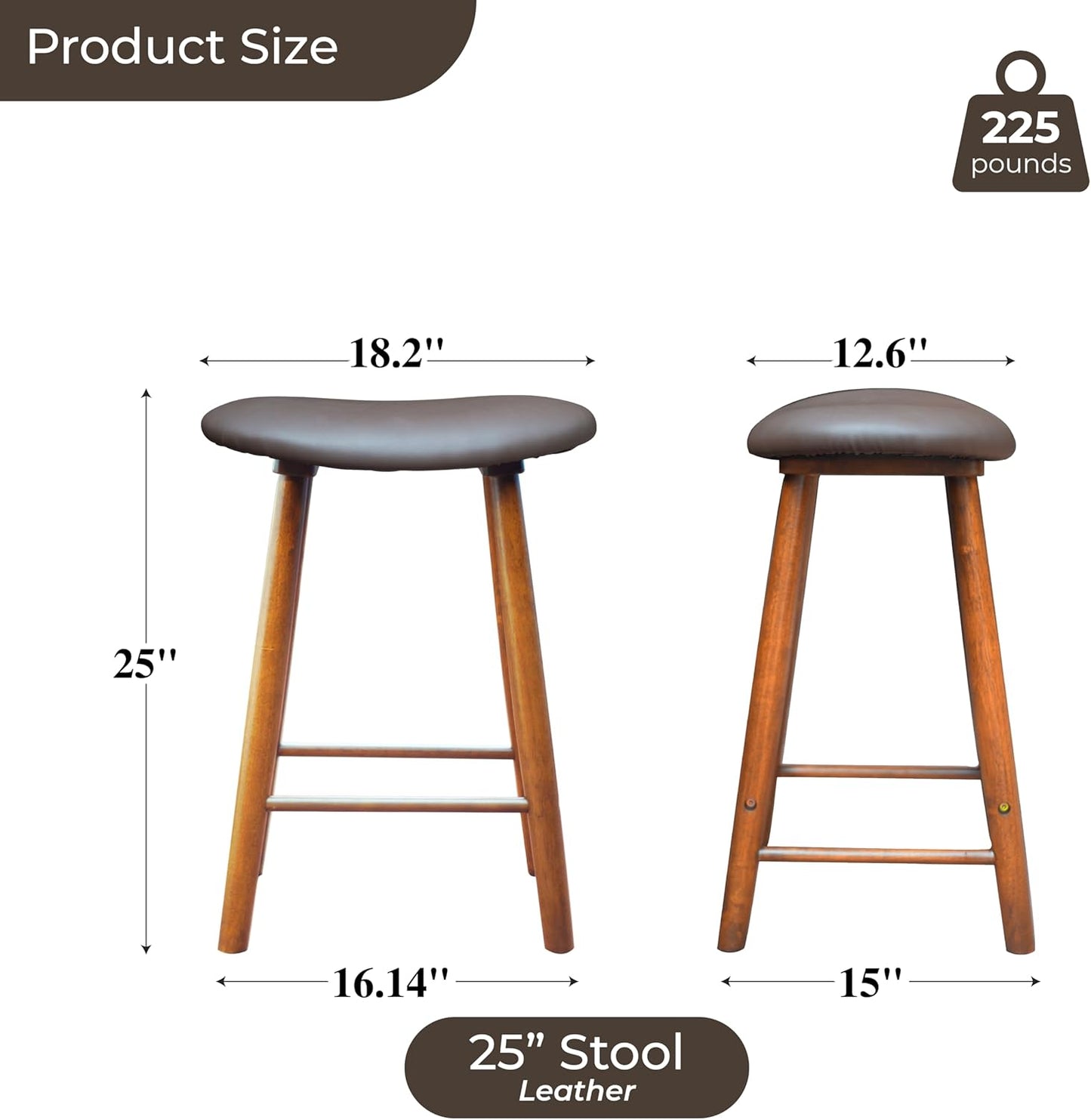 Nora 25" Upholstered Counter Stool, Solid Rubber Wood Frame, Faux Leather Cushion Seat, Comfortable Backless Bar Stool for Kitchen Island & Home Bar Seating