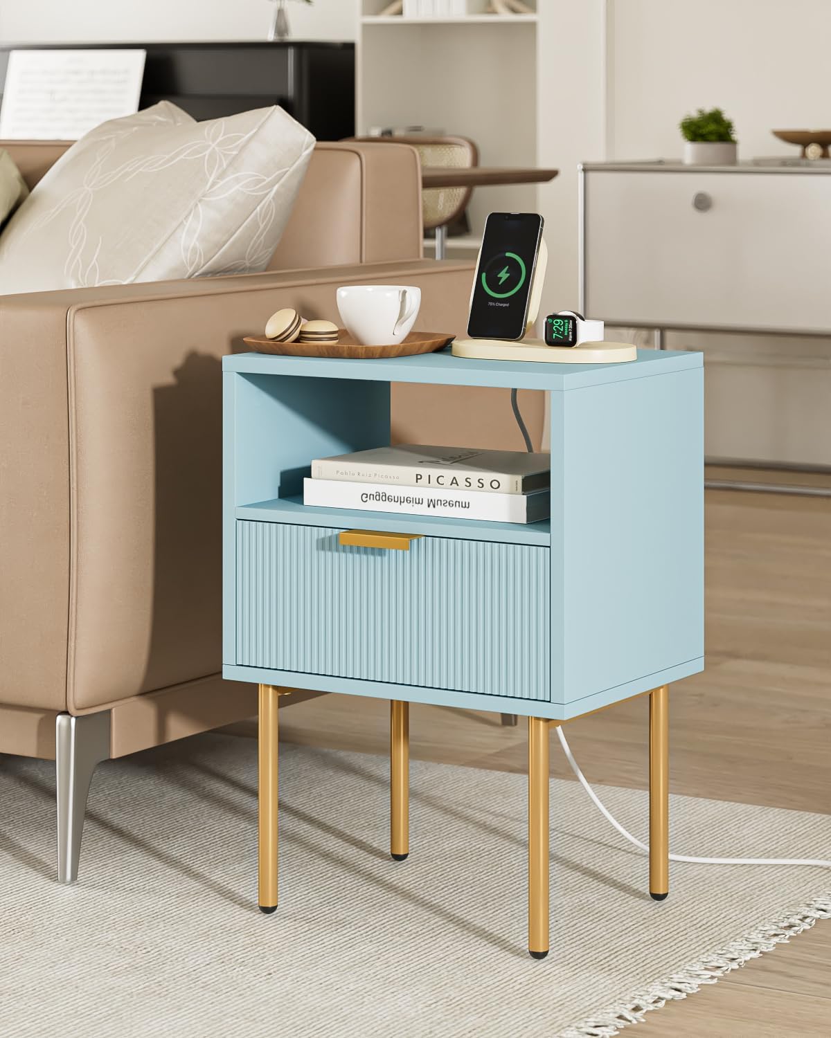 Nightstand,Morden Bedside Table with Gold Frame,Small White Night Stand,End Table,Bedside Furniture,Side Table with Drawer and Shelf for Bedroom,Living Room (1Drawer, Blue-Outlet)