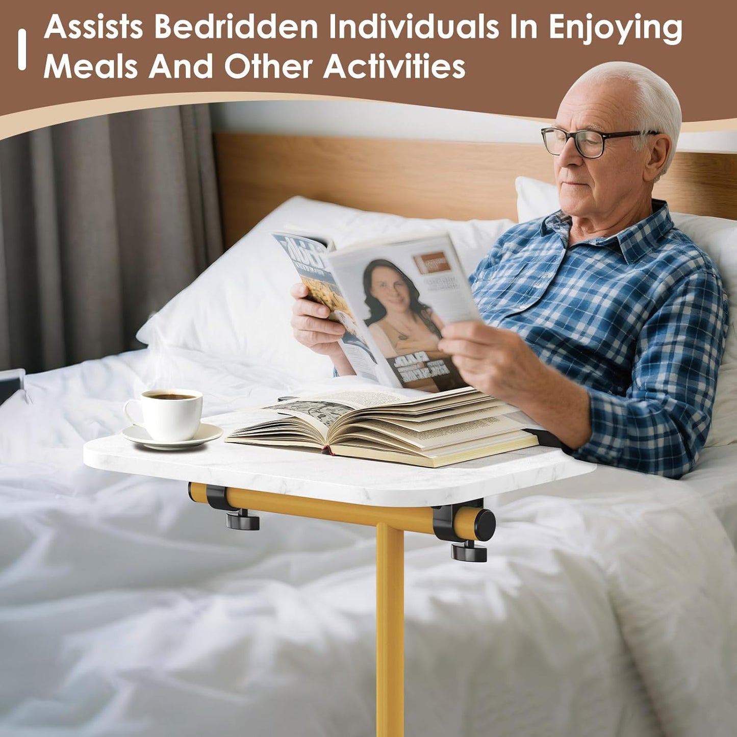 Sofa Couch Arm Table Tv Tray Small Bed Stand C Shaped Side End Tables for Living Room, Bedroom, Marble