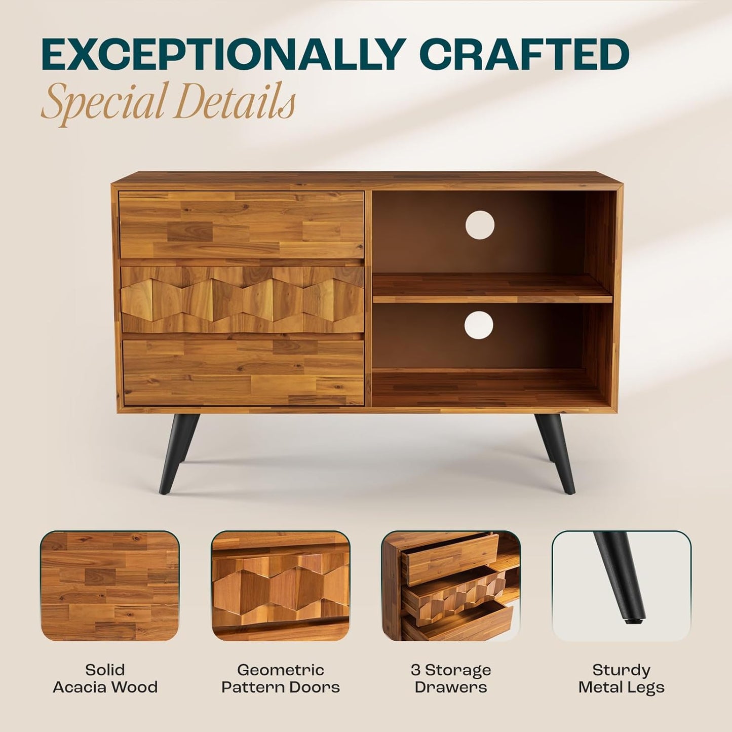 Bme Georgina 45 Inch Solid Wood TV Stand, Under 10 Minutes Assembly Entertainment Center with Storage, Geometric Pattern TV Console for Living Room, Bedroom, Dinning Room - Teak Brown